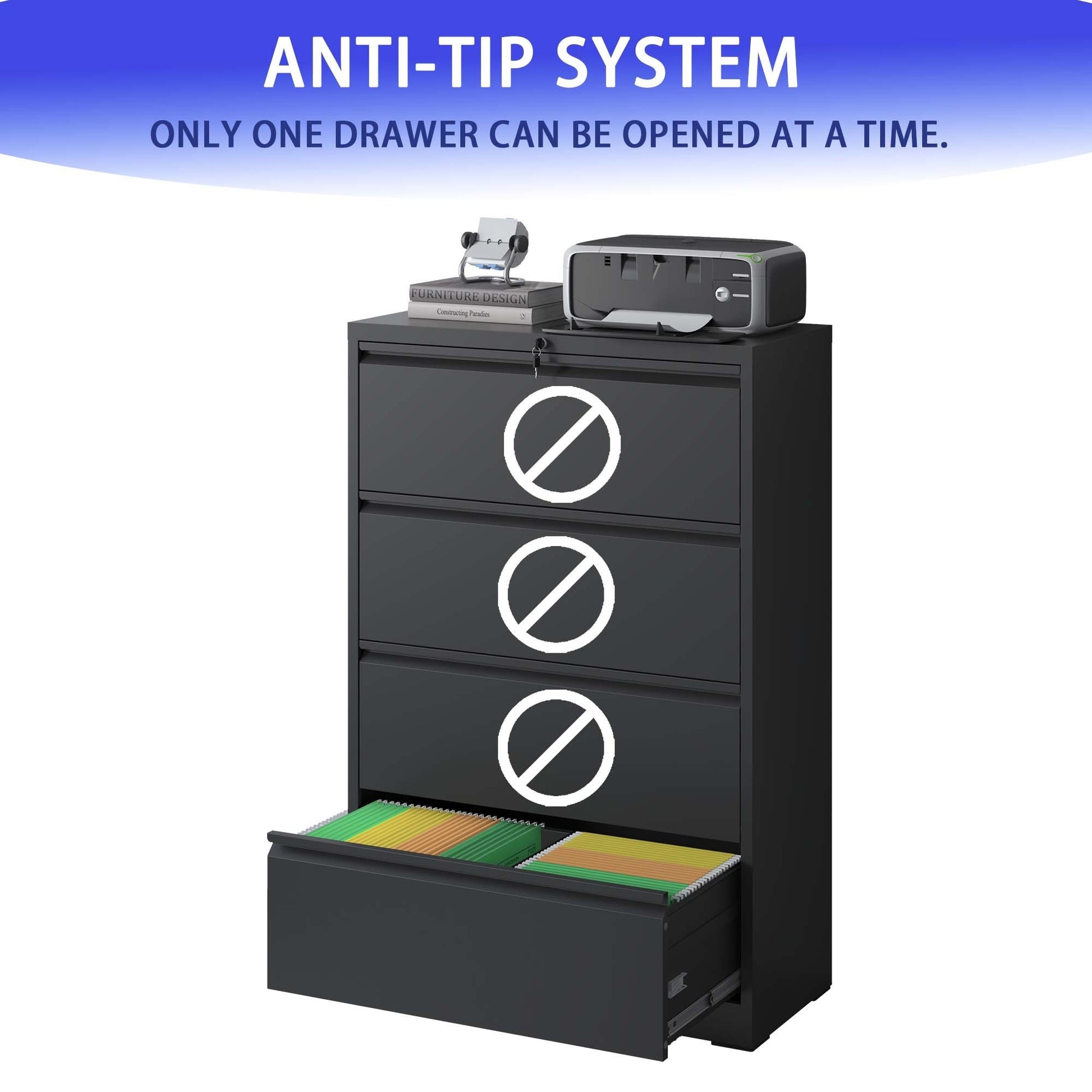File Cabinet 4 Drawer, Black Filing Cabinet Lockable Home Office