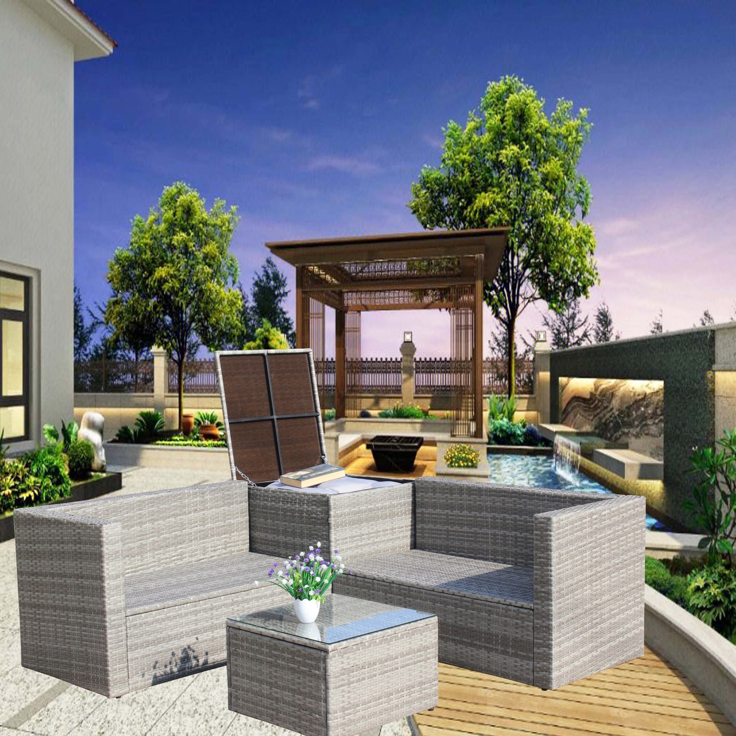4 Piece Patio Sectional Outdoor Furniture with Storage Box