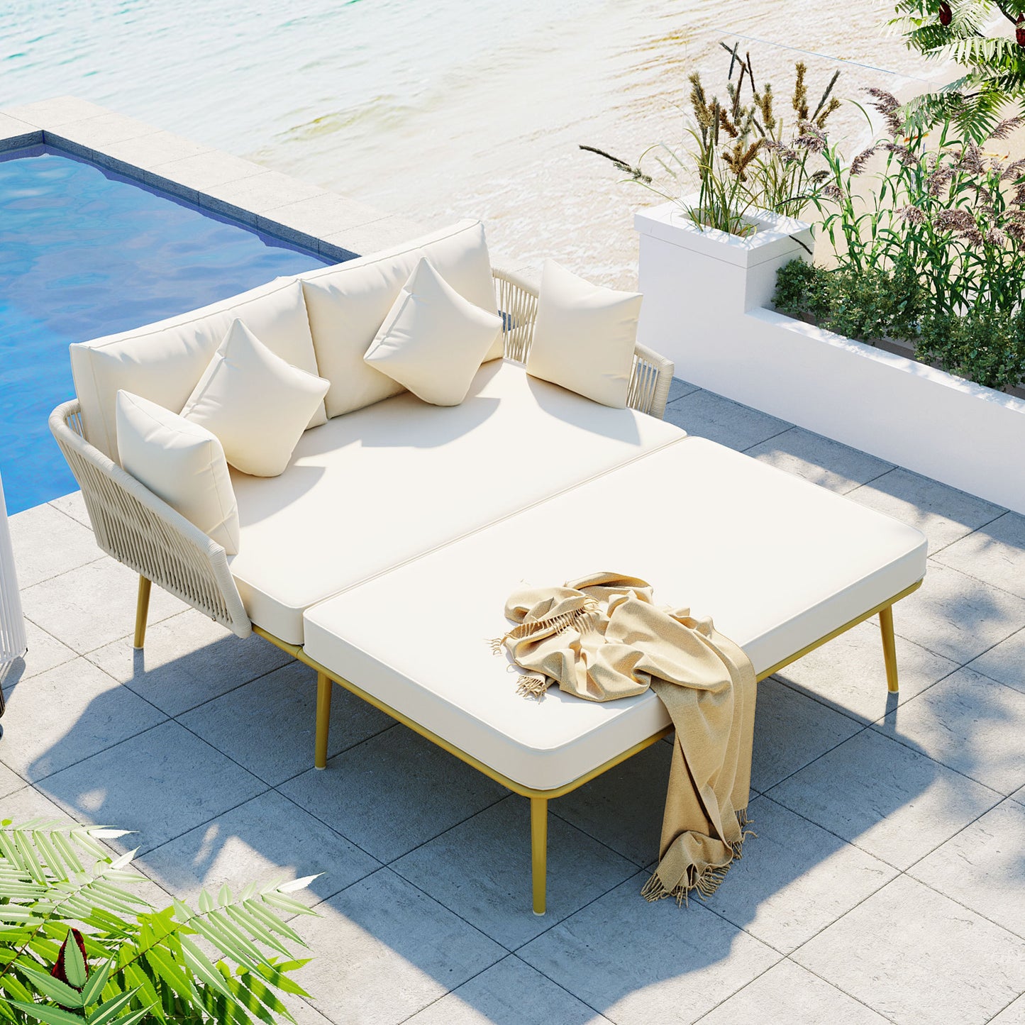 Outdoor Patio Daybed, Backrest with Washable Cushions