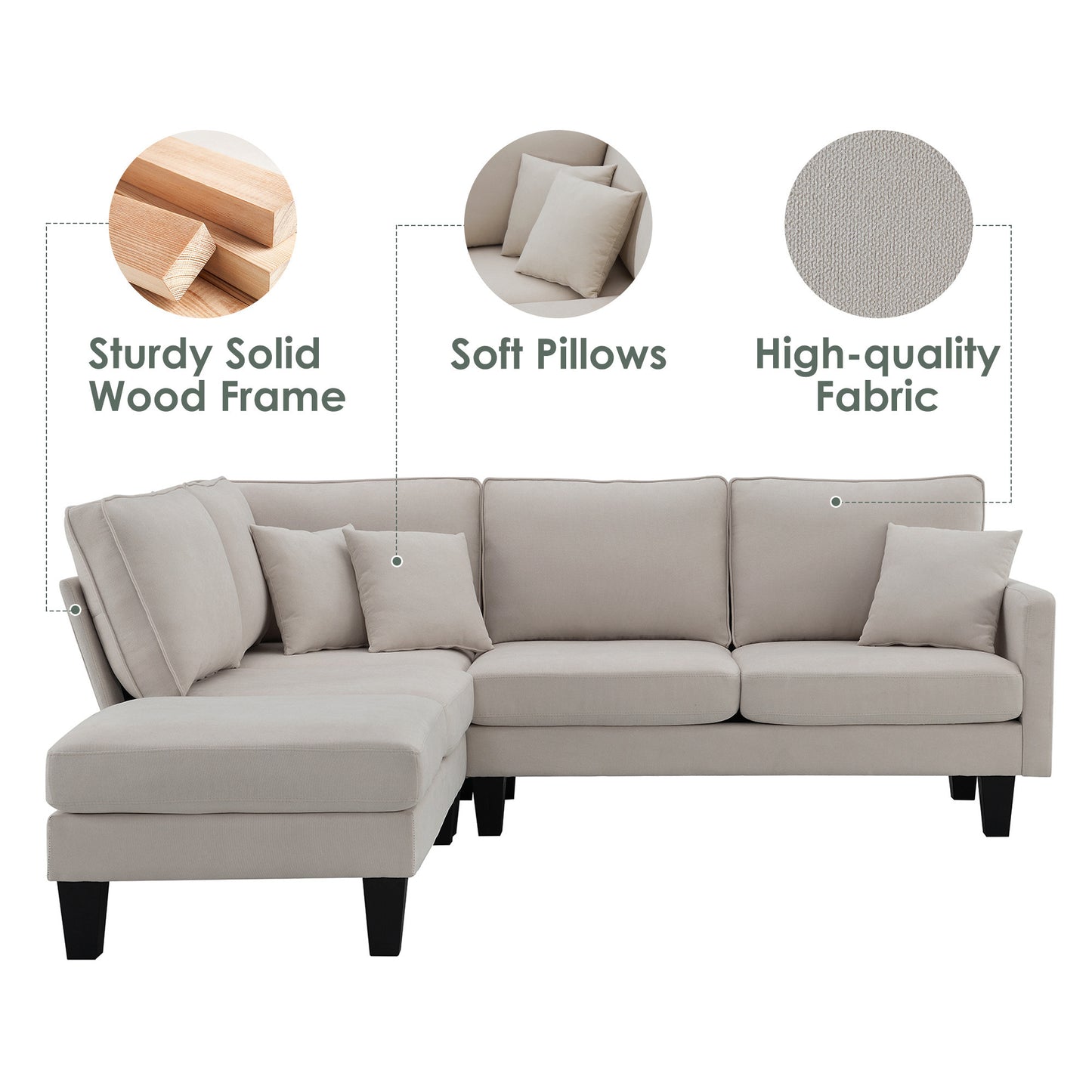Sectional Sofa, 5-Seat Set, Chaise Lounge, Living Room,
