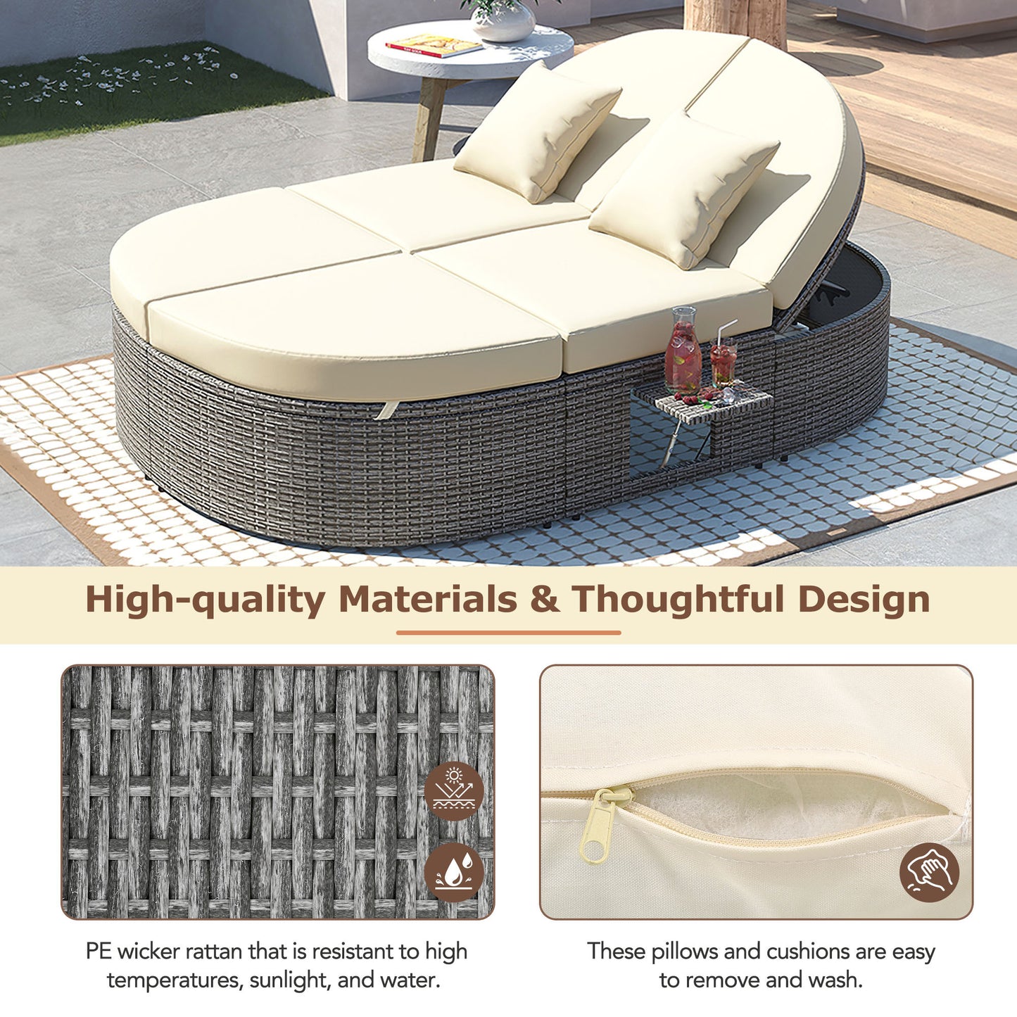 Outdoor Sun Bed Patio 2-Person Daybed, Cushions, Pillows