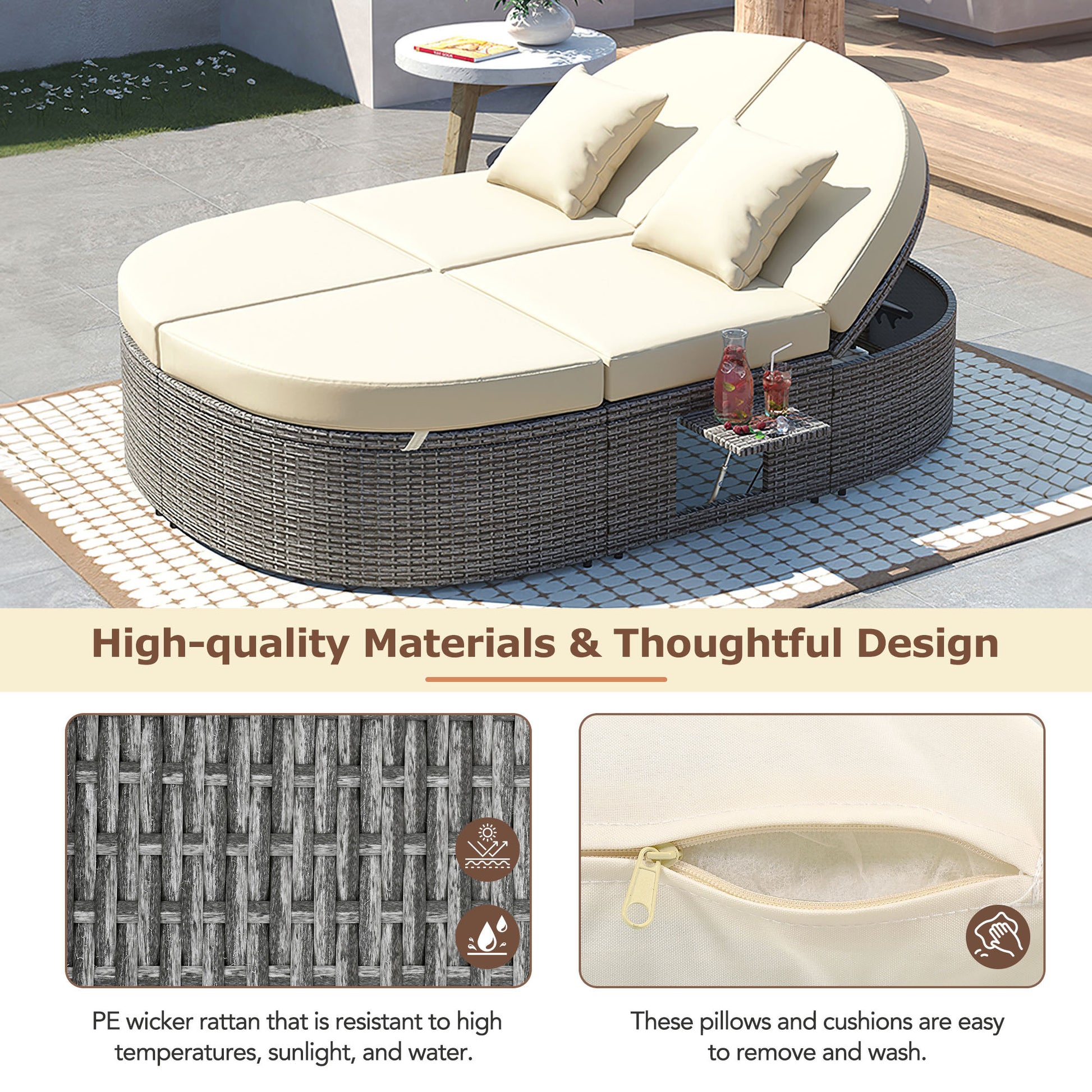 Outdoor Sun Bed Patio 2-Person Daybed, Cushions, Pillows