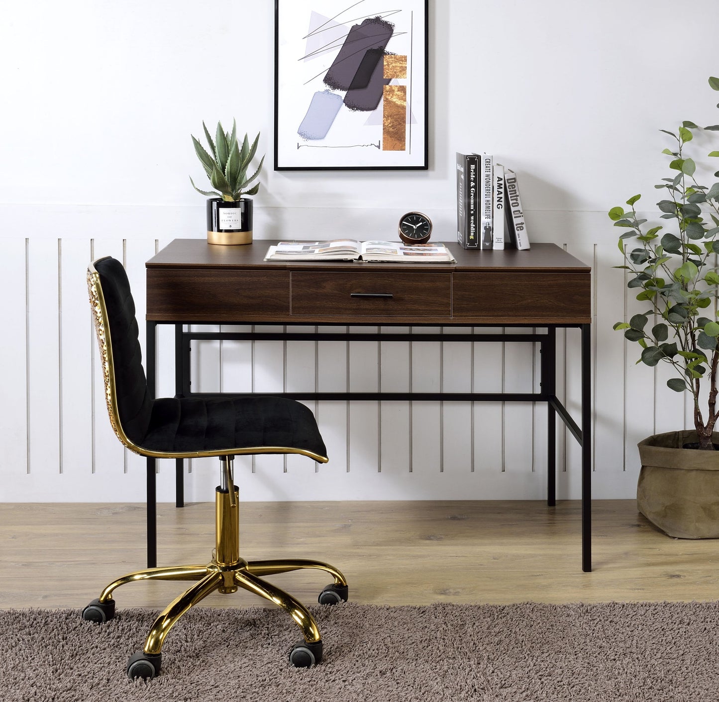 Verster Built-in USB Port Writing Desk, Oak & Black Finish