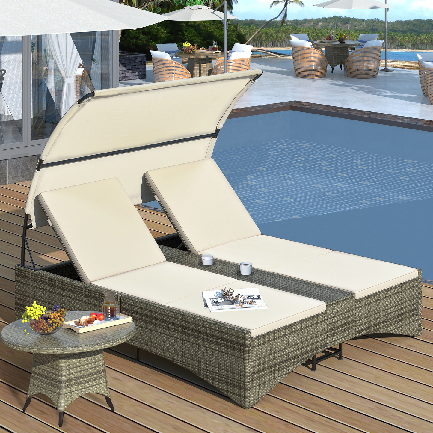 Patio Daybed Outdoor Daybed, Shelter Roof, Adjustable Backrest, Storage Box