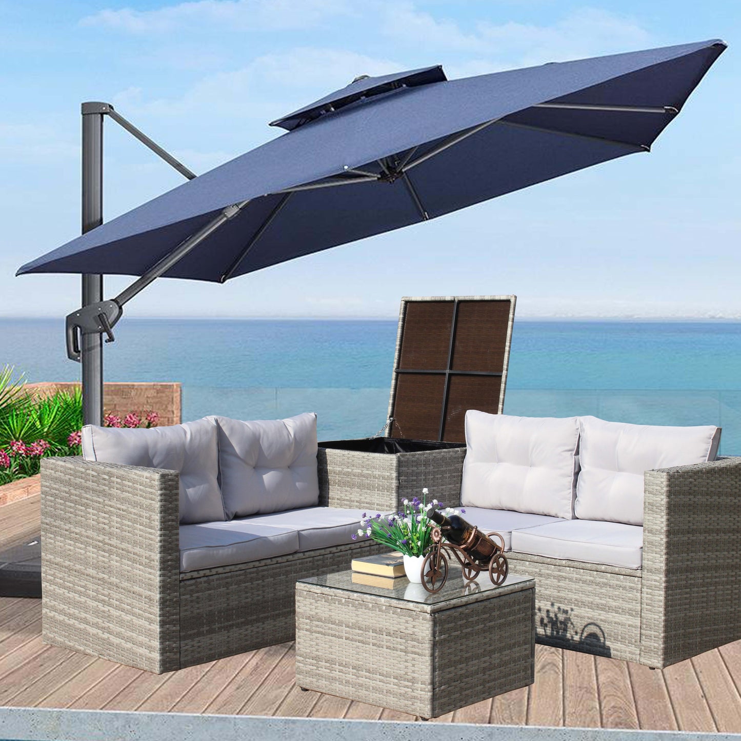 4 Piece Patio Sectional Outdoor Furniture Sofa Set, Storage