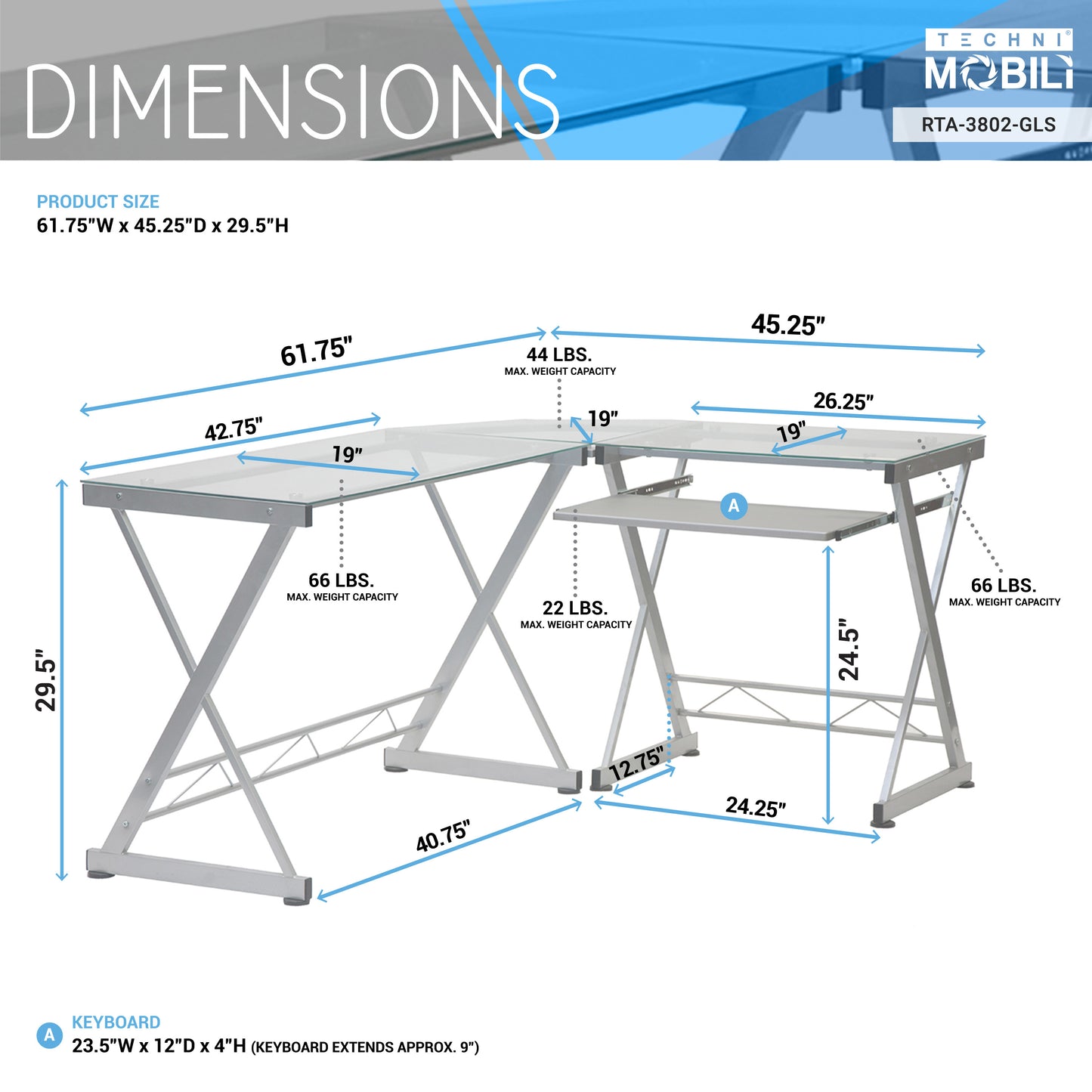 L-Shaped Tempered Glass Top Computer Desk, Pull Out Keyboard Panel