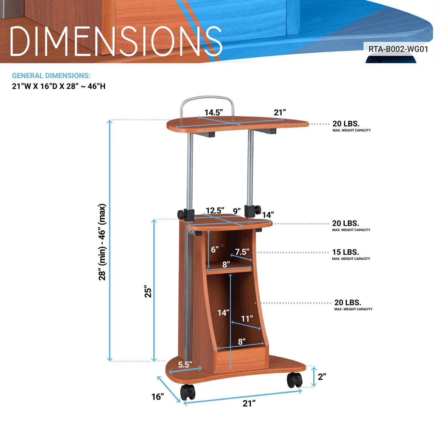 Techni Mobili Sit-to-Stand Rolling Adjustable Height Laptop Cart, Storage