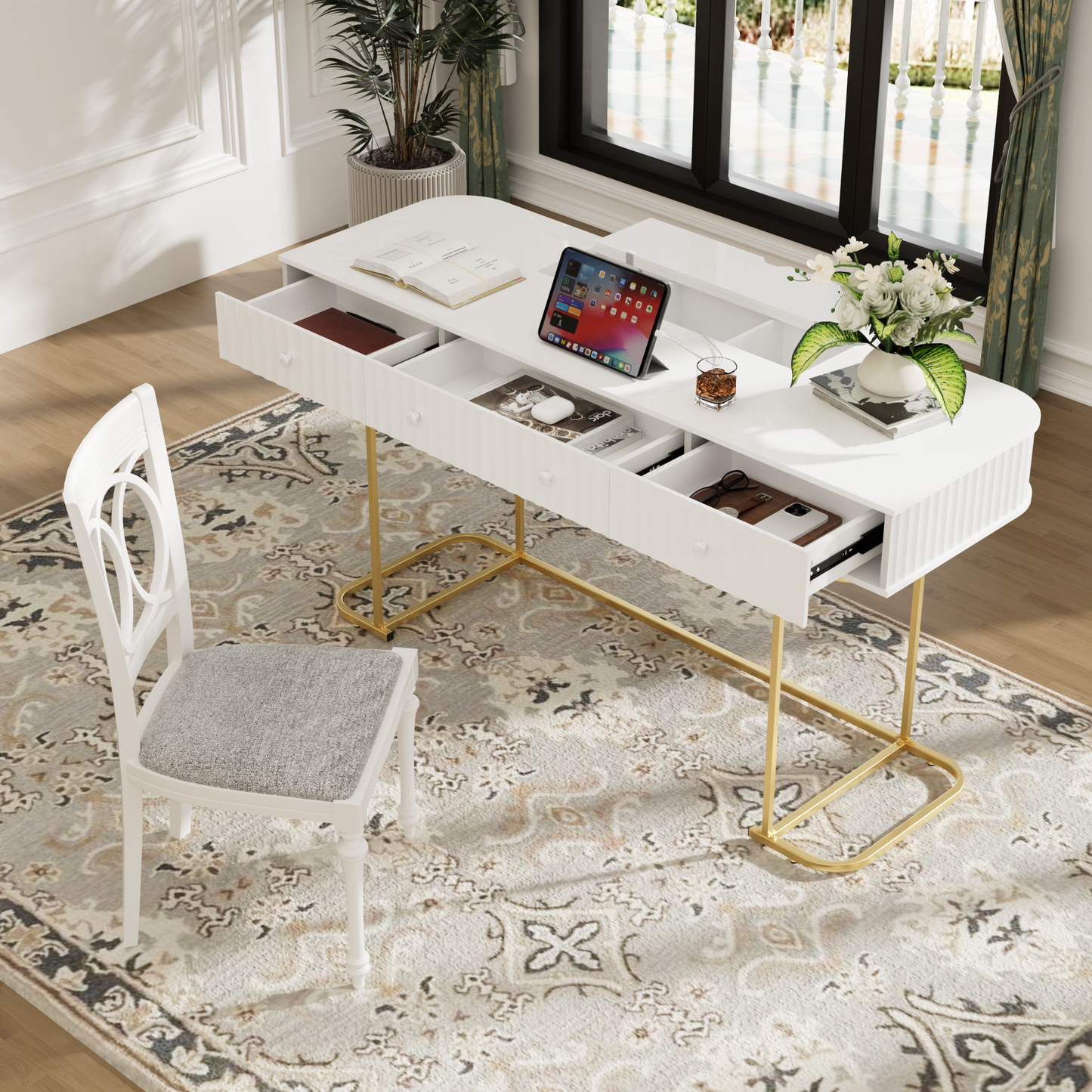 Executive Curved Office Desk, Waveform Fluted Panel Design
