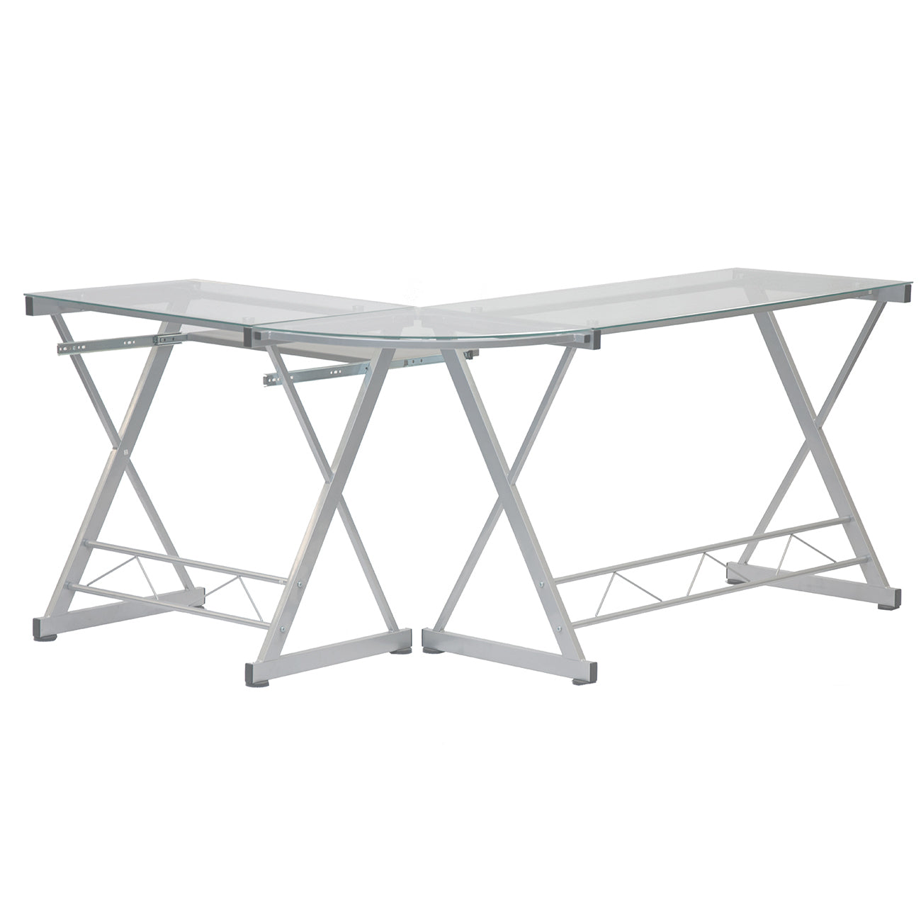 L-Shaped Tempered Glass Top Computer Desk, Pull Out Keyboard Panel