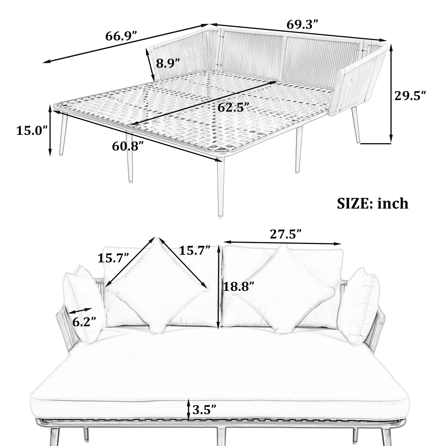 Outdoor Patio Daybed, Backrest with Washable Cushions