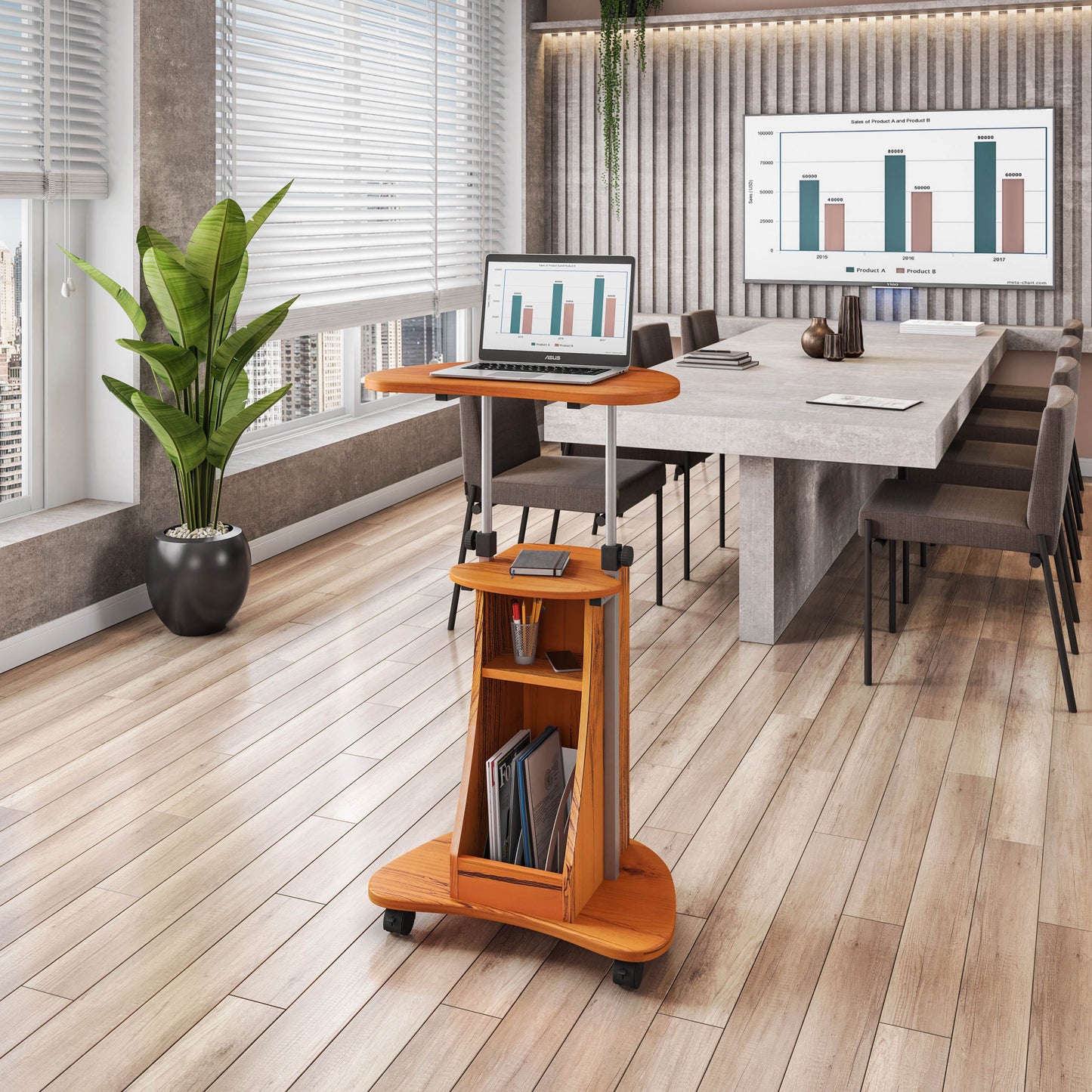 Techni Mobili Sit-to-Stand Rolling Adjustable Height Laptop Cart, Storage