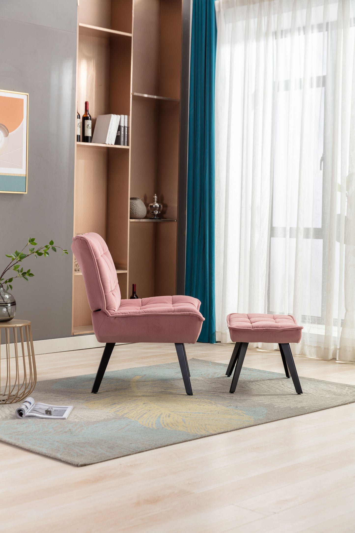 Modern Pink Velvet Accent Chair with Ottoman, Black Legs, Indoor Living