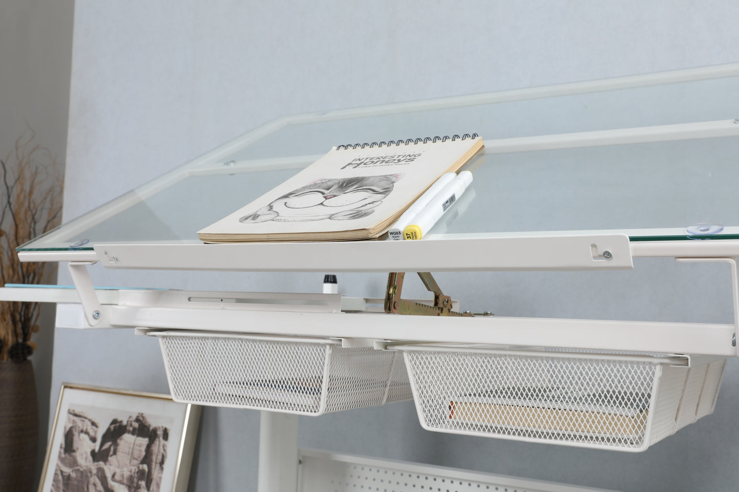 Crank adjustable drafting table drawing desk, 2 metal drawers