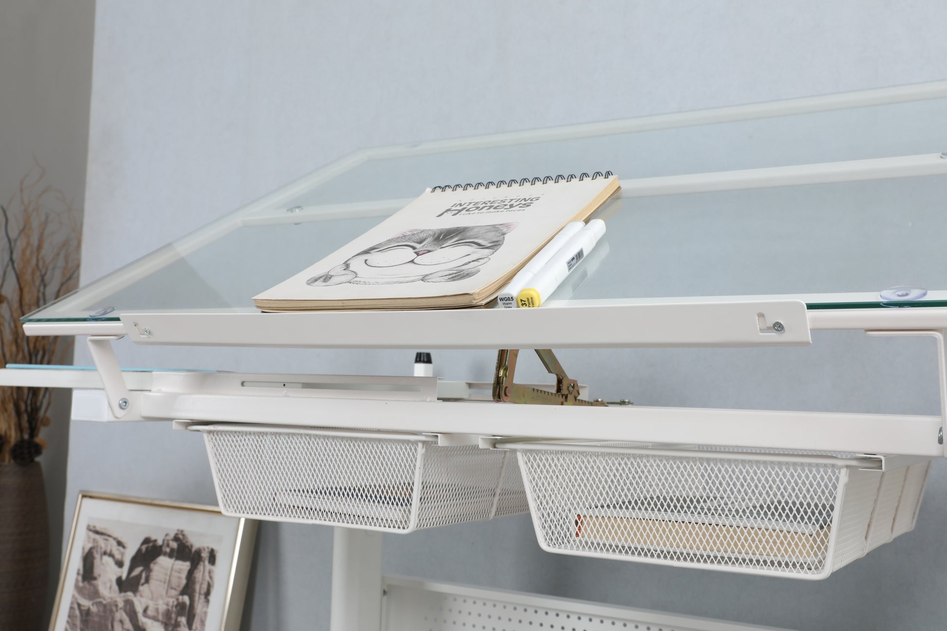 Crank adjustable drafting table drawing desk, 2 metal drawers