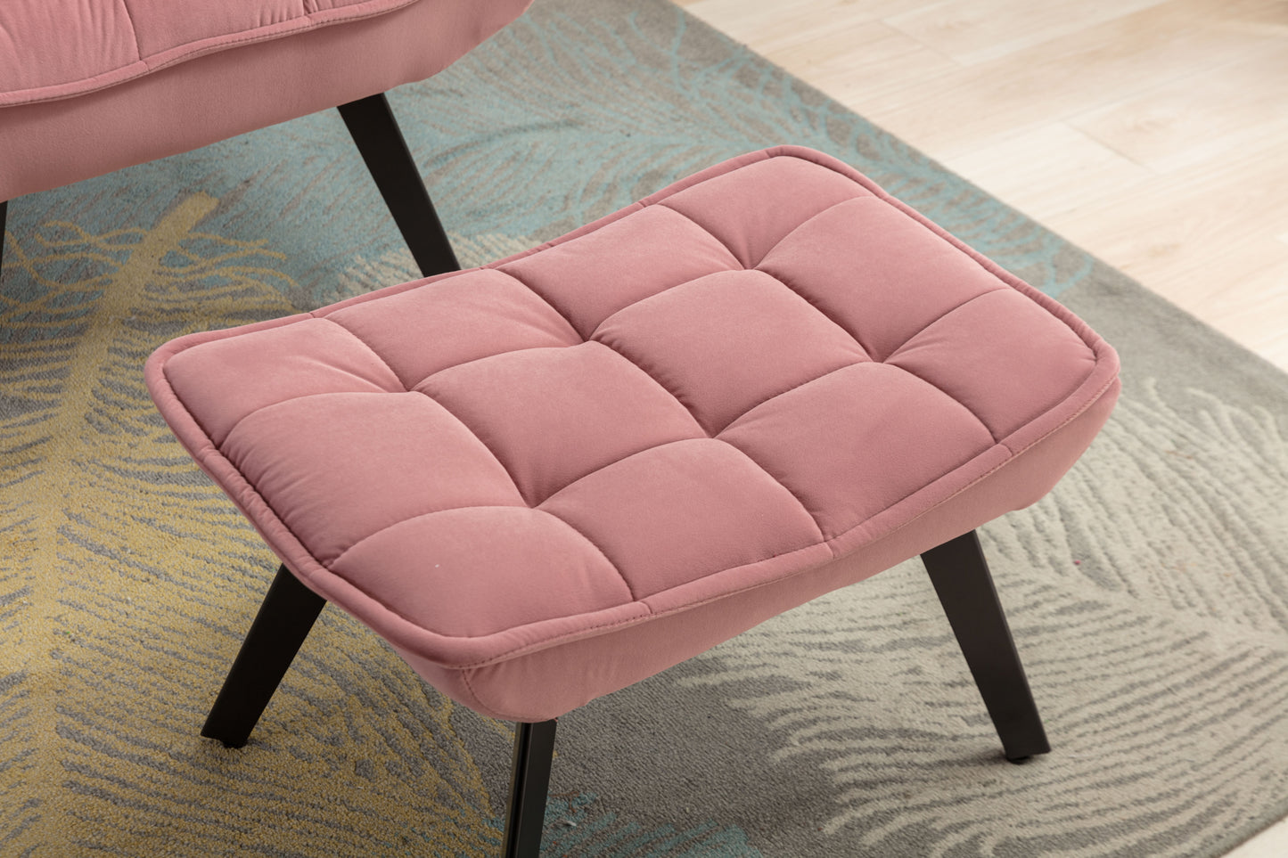 Modern Pink Velvet Accent Chair with Ottoman, Black Legs, Indoor Living