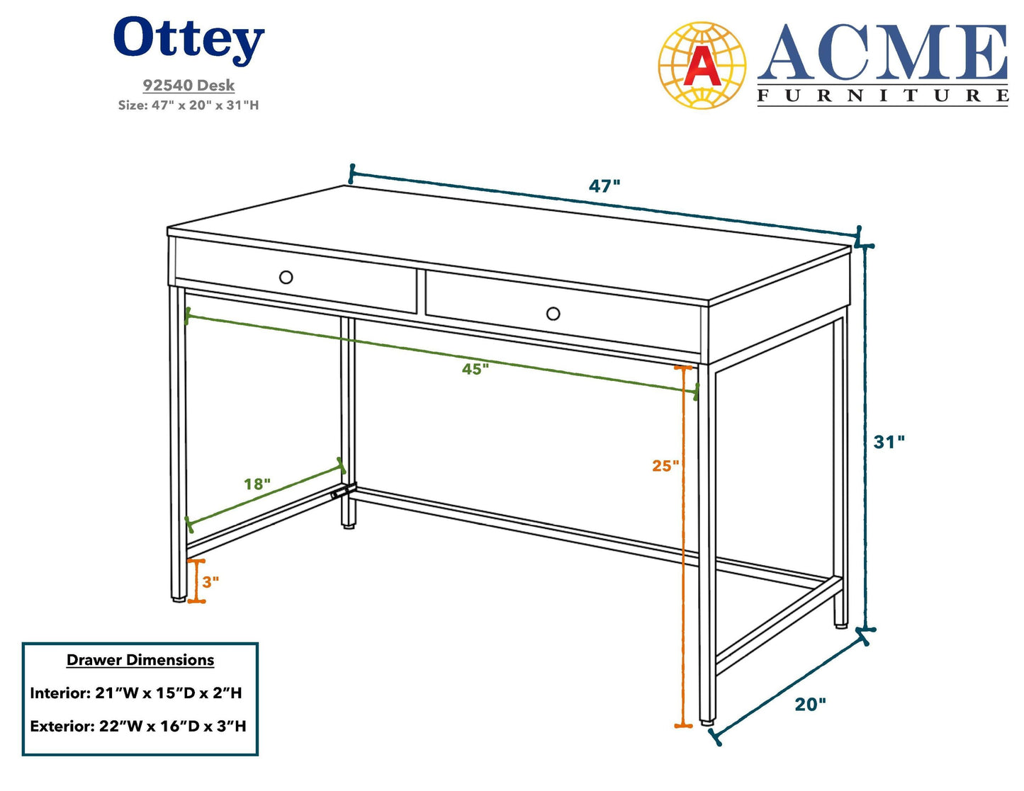 ACME Ottey Desk in White High Gloss & Gold