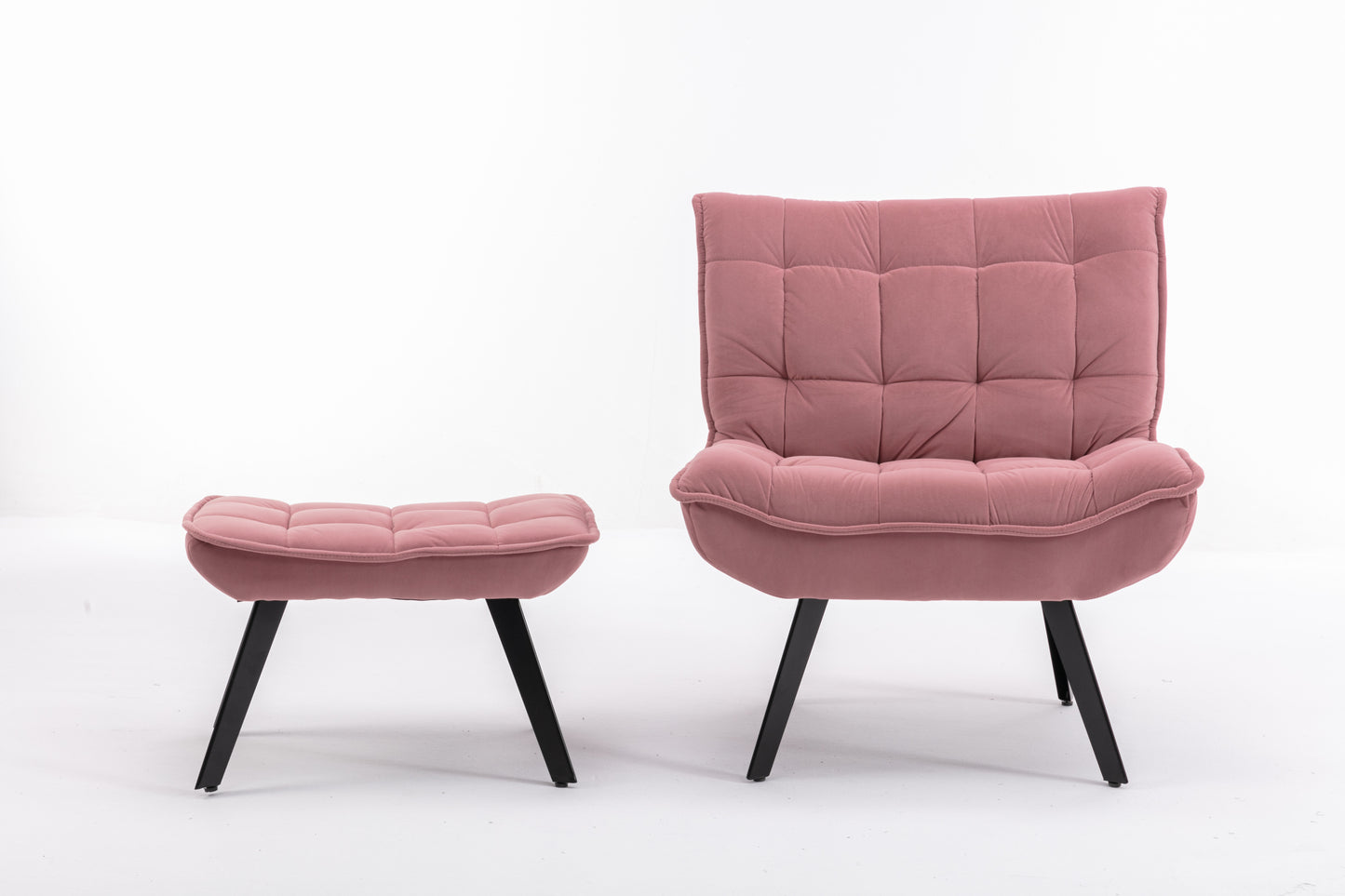 Modern Pink Velvet Accent Chair with Ottoman, Black Legs, Indoor Living