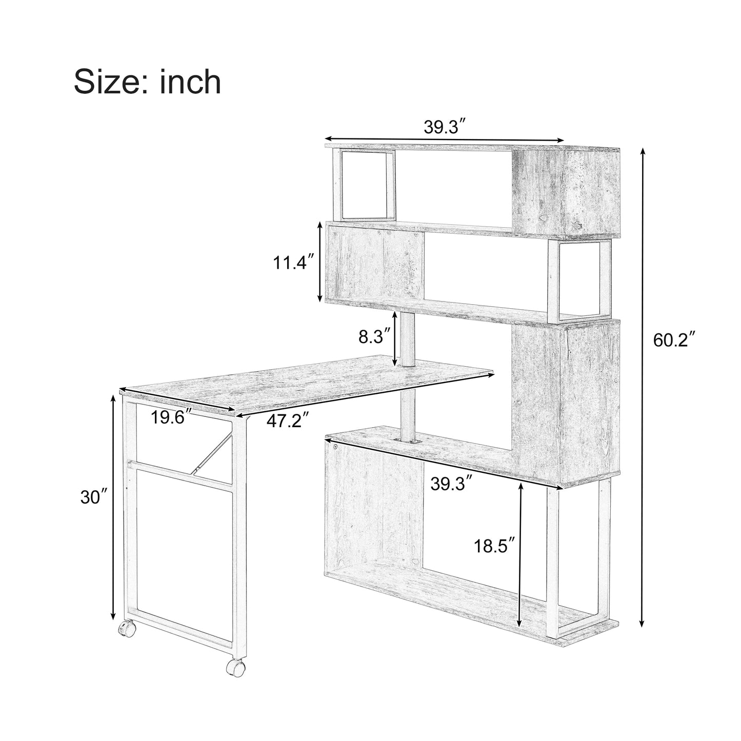 L-Shaped Corner Table, Rotating Computer Table with Bookshelf