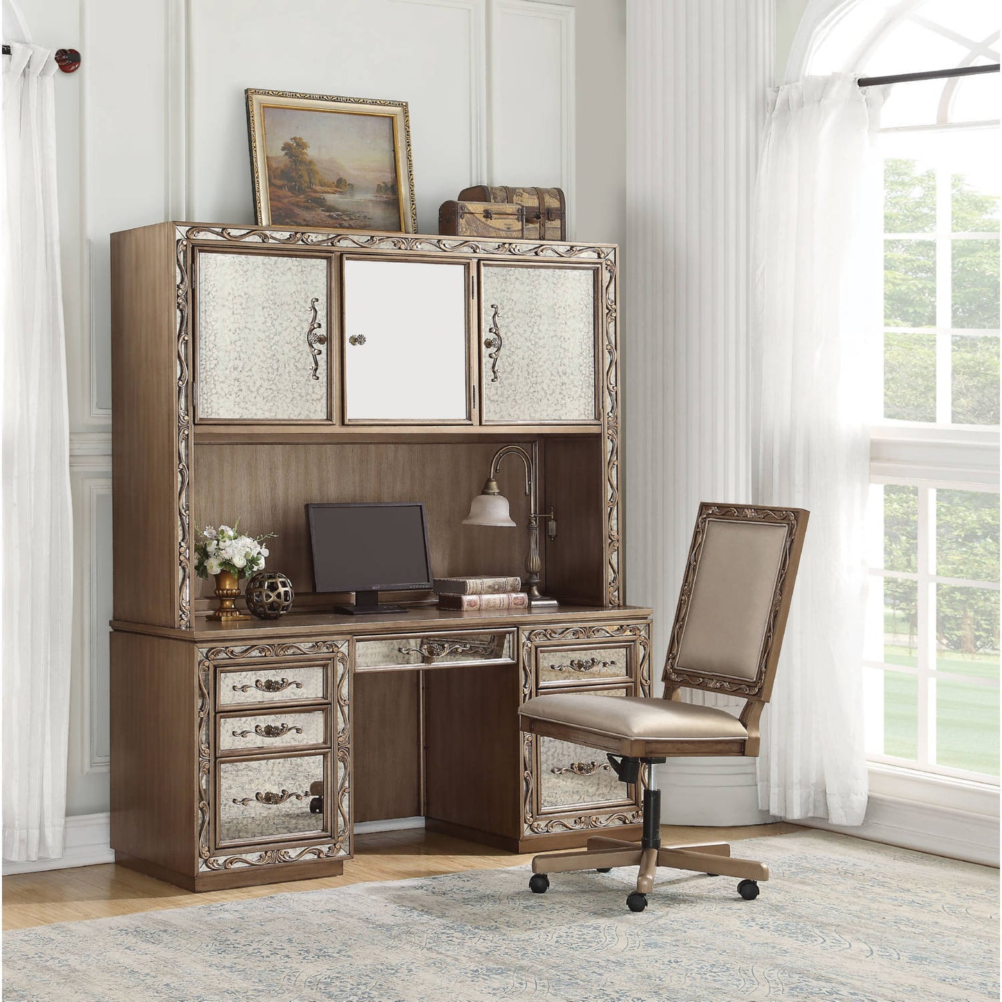 ACME Orianne Computer Desk & Hutch in Antique Gold
