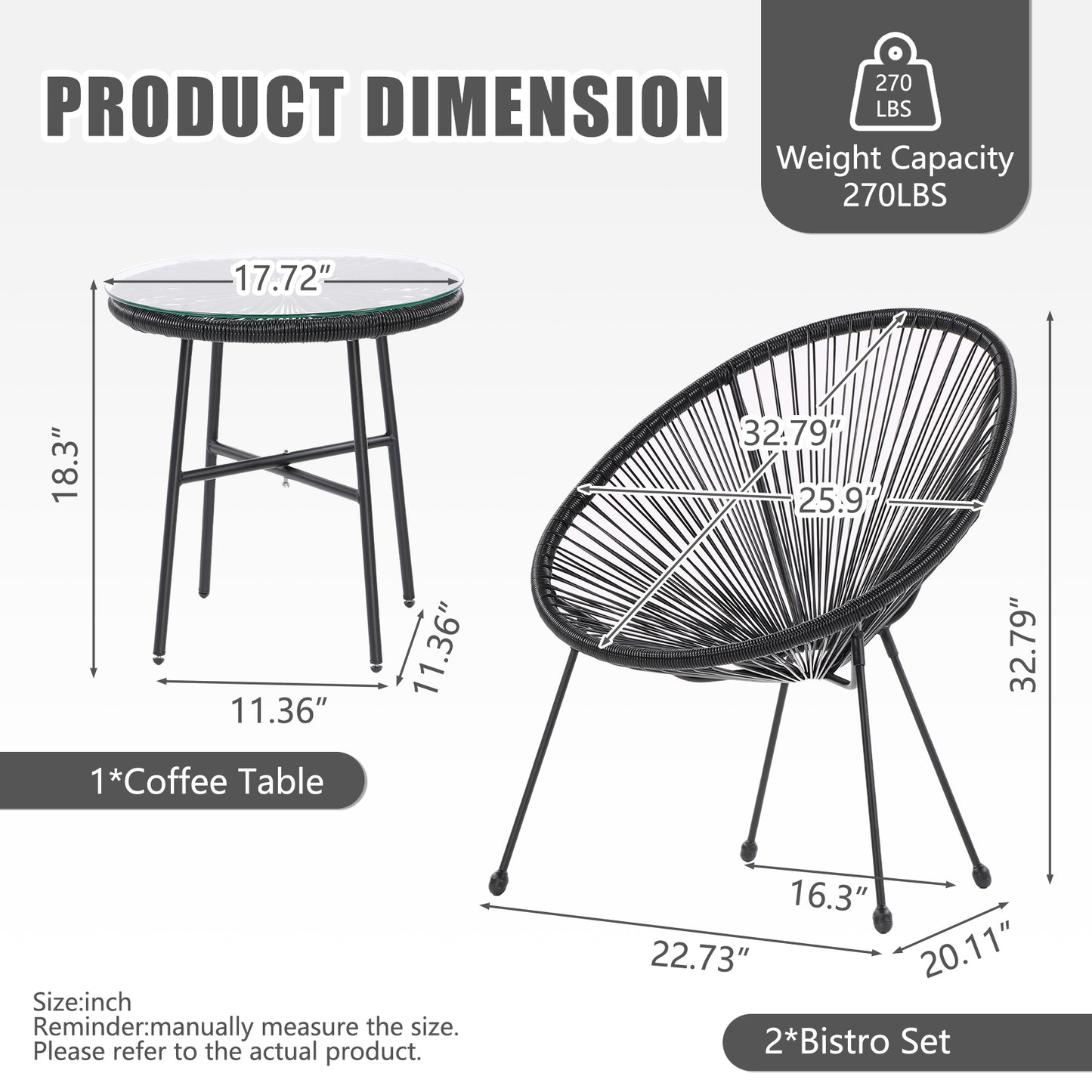 3 Piece Patio Bistro Conversation Set with Side Table, All-Weather