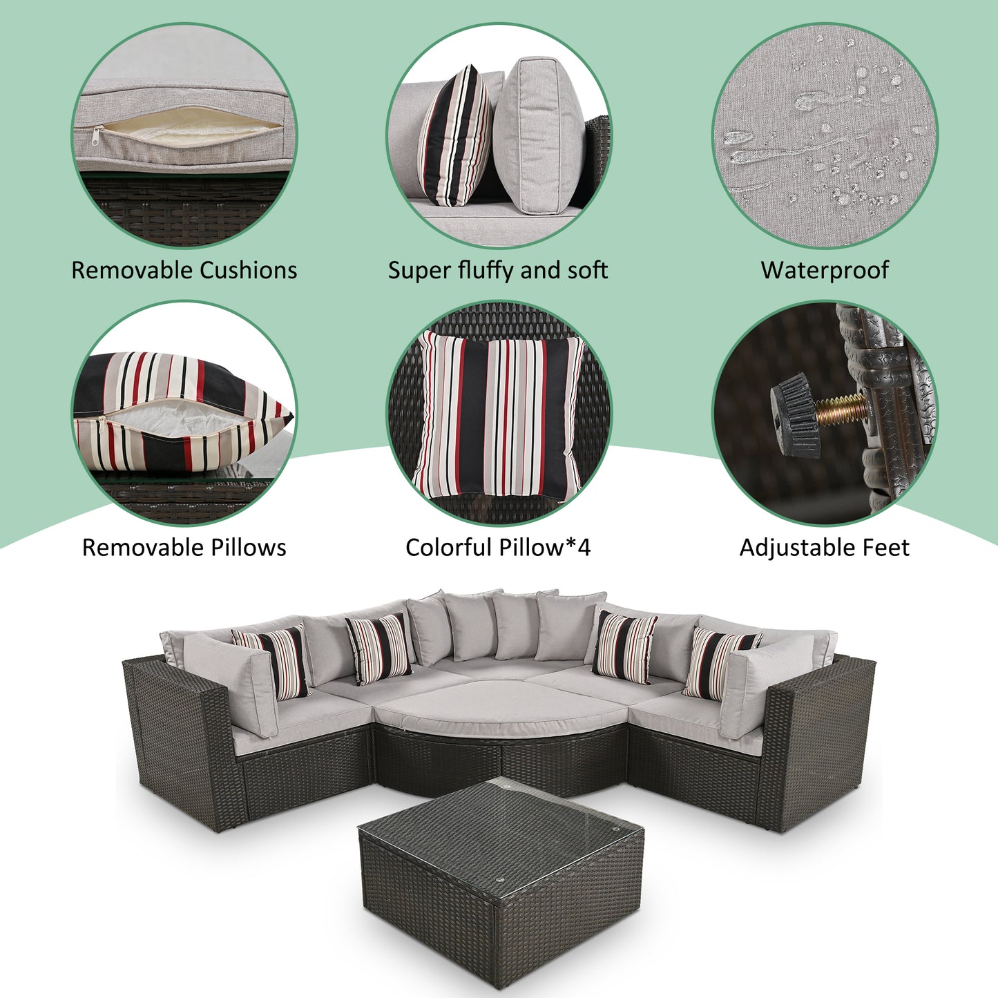 7-piece Outdoor Wicker Sofa Set, Colorful Pillows