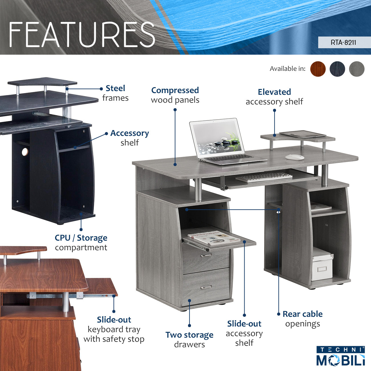 Computer Workstation Desk With Storage, Grey