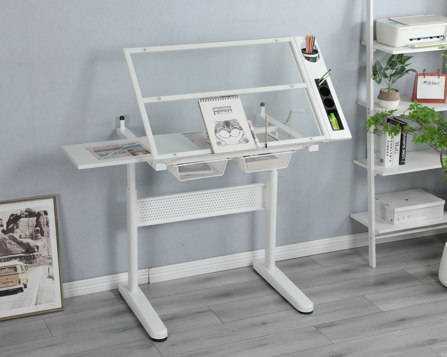 Crank adjustable drafting table drawing desk, 2 metal drawers