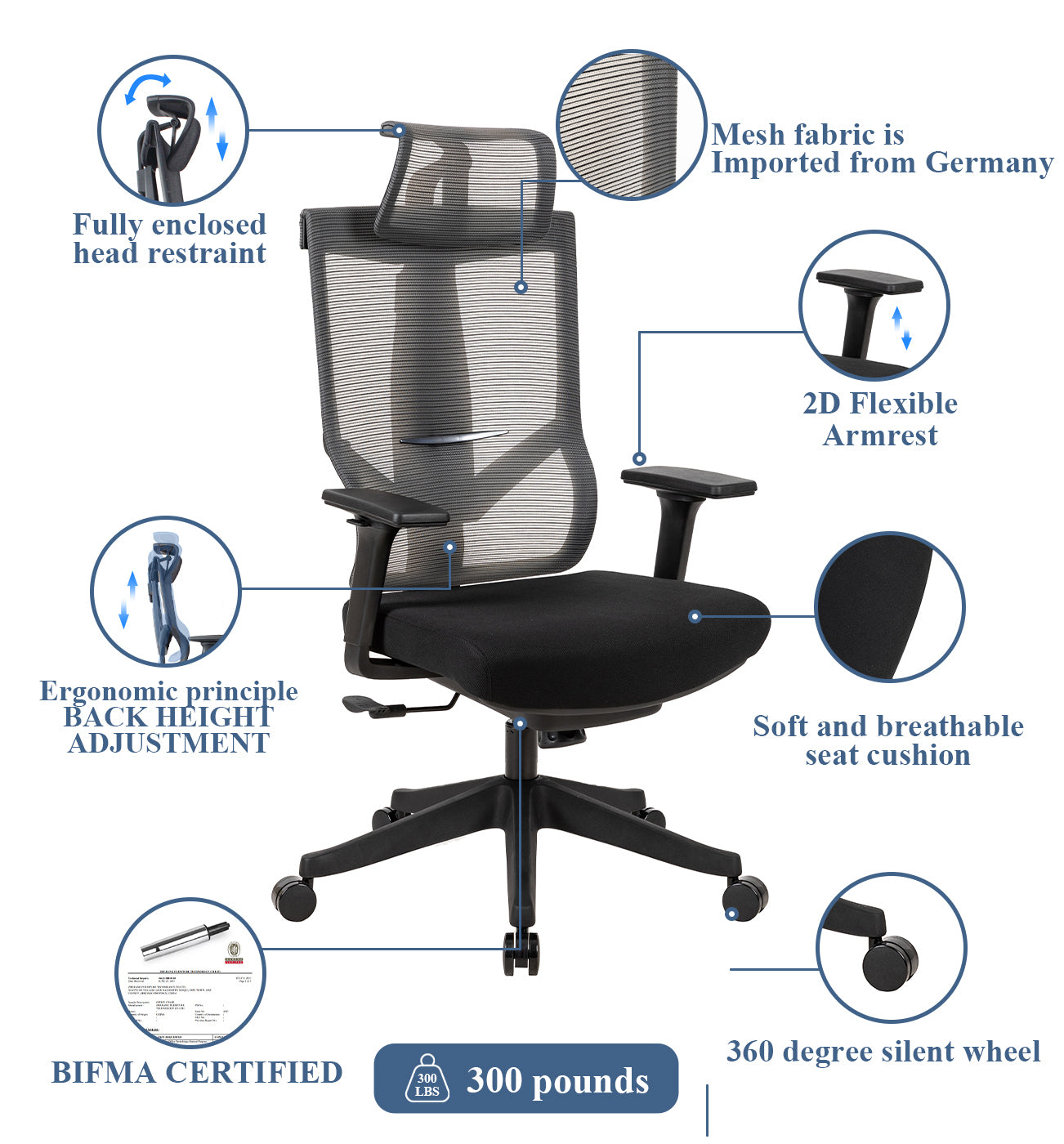 Executive office chair with headrest and 2D armrest