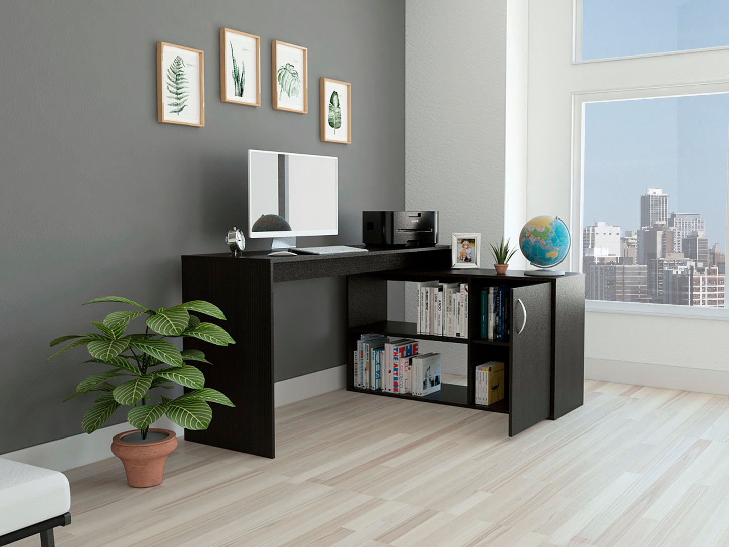 L-Shaped Computer Desk with Open & Closed Storages -Black