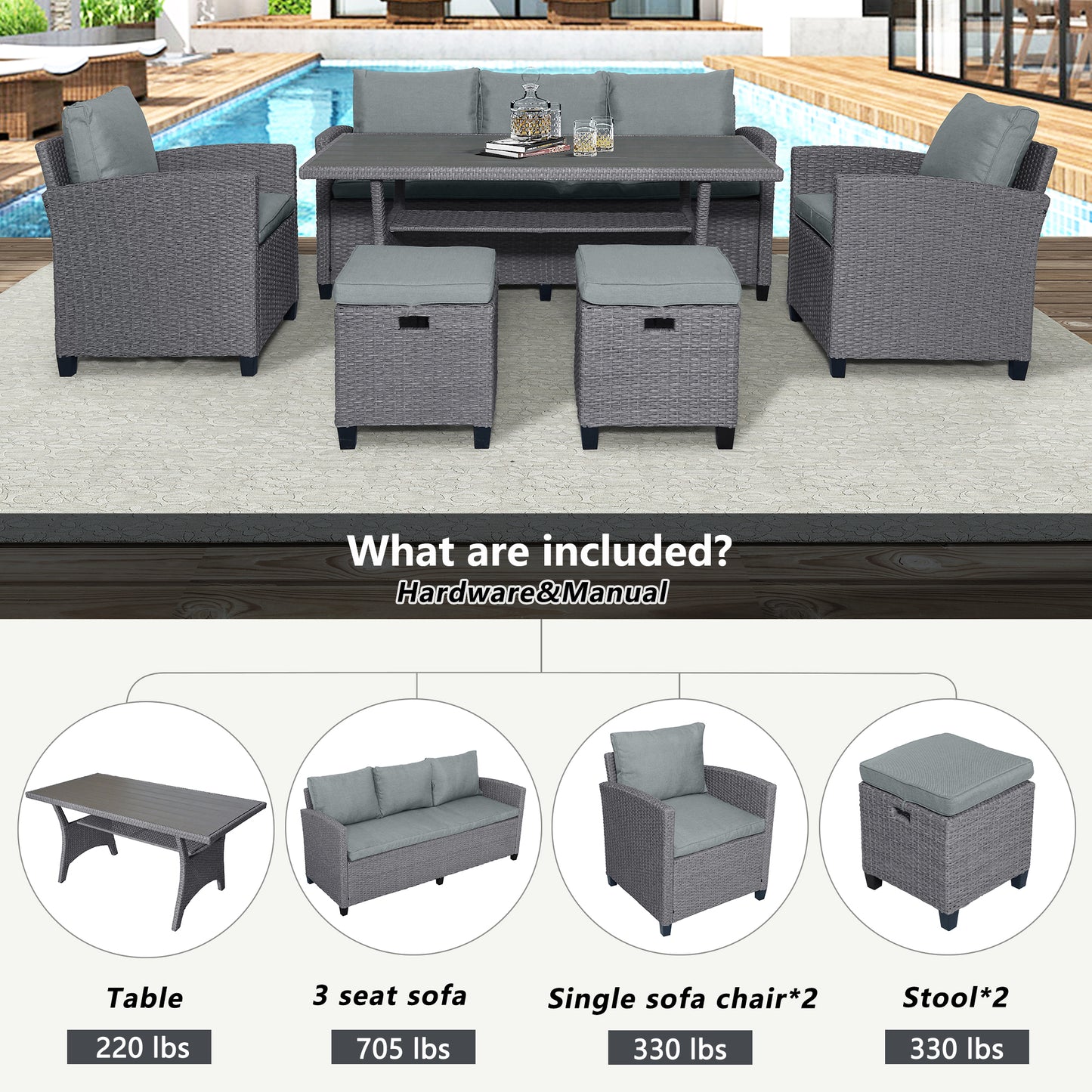 6-Piece Outdoor Wicker Set Patio Sofa, Chair, Stools, Table