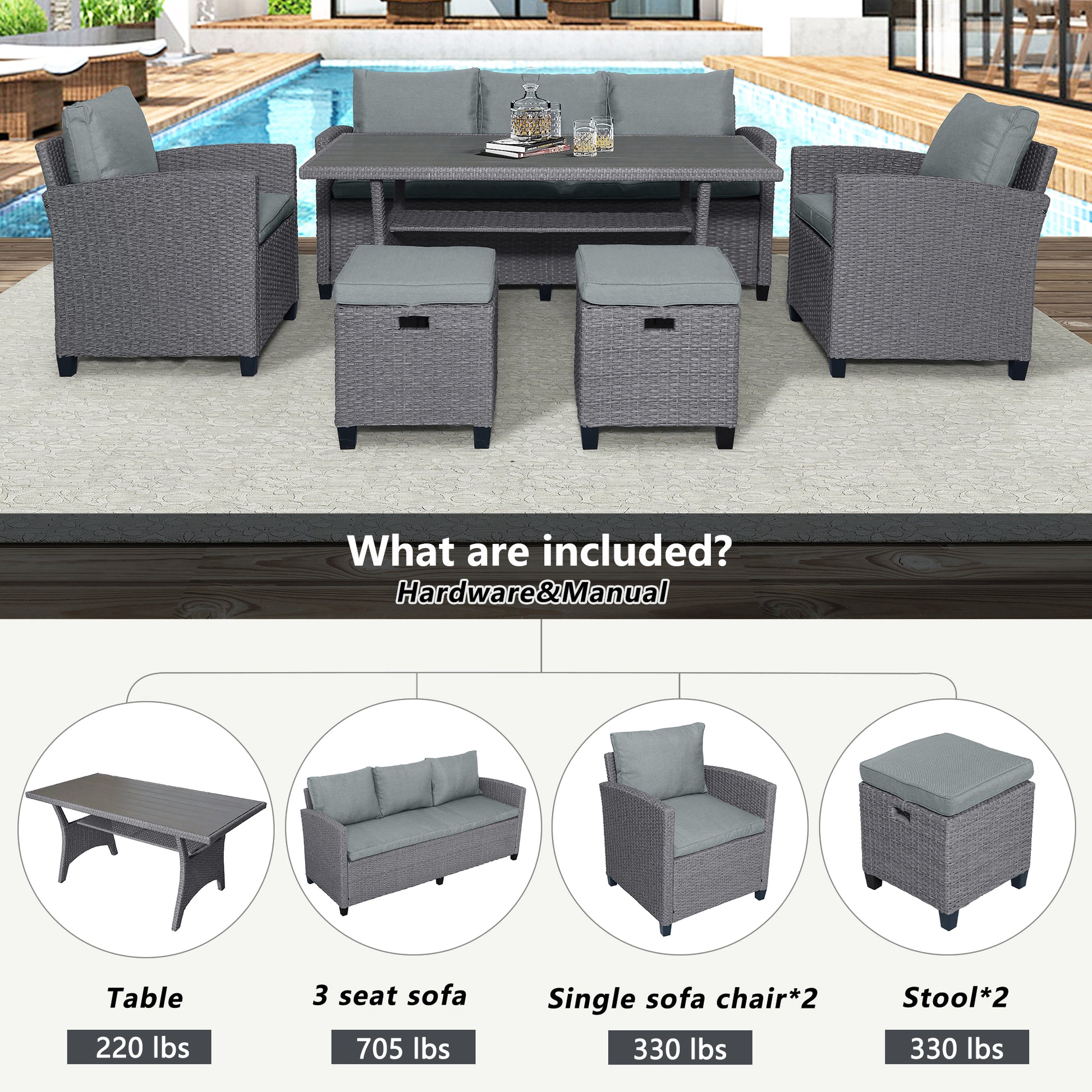 6-Piece Outdoor Wicker Set Patio Sofa, Chair, Stools, Table