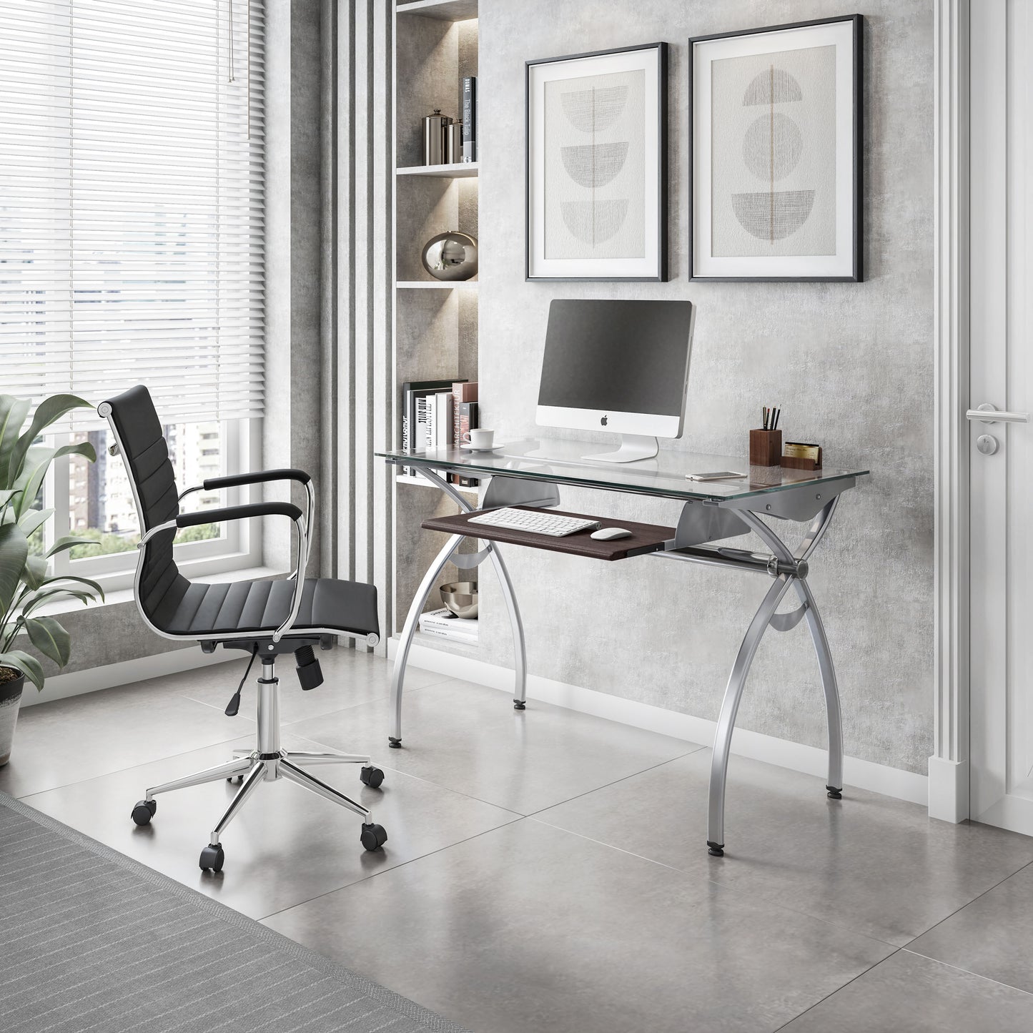 Top Computer Desk with Pull Out Keyboard Panel, Clear