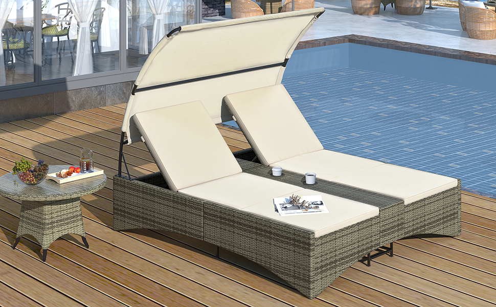Patio Daybed Outdoor Daybed, Shelter Roof, Adjustable Backrest, Storage Box