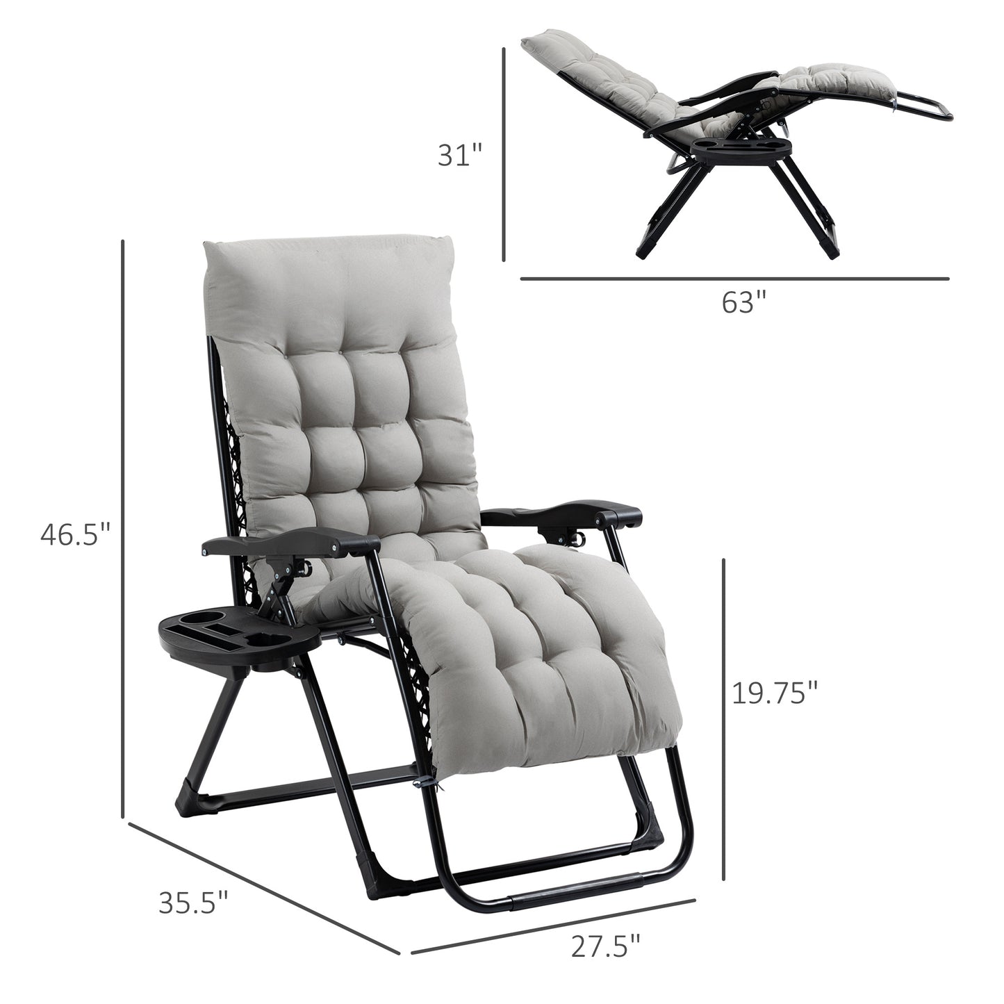 Zero Gravity Chair, Folding Reclining Lounge Chair, Padded Cushion, Side Tray