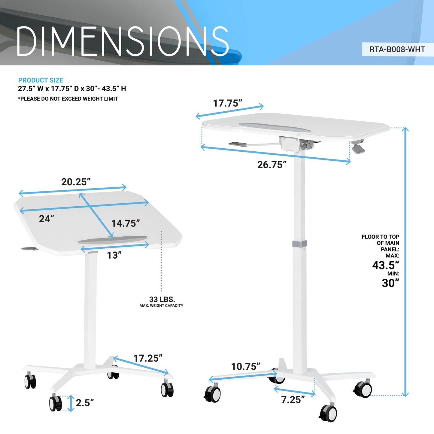Mobile Laptop Computer Stand, Height Adjustable, Tiltable Tabletop