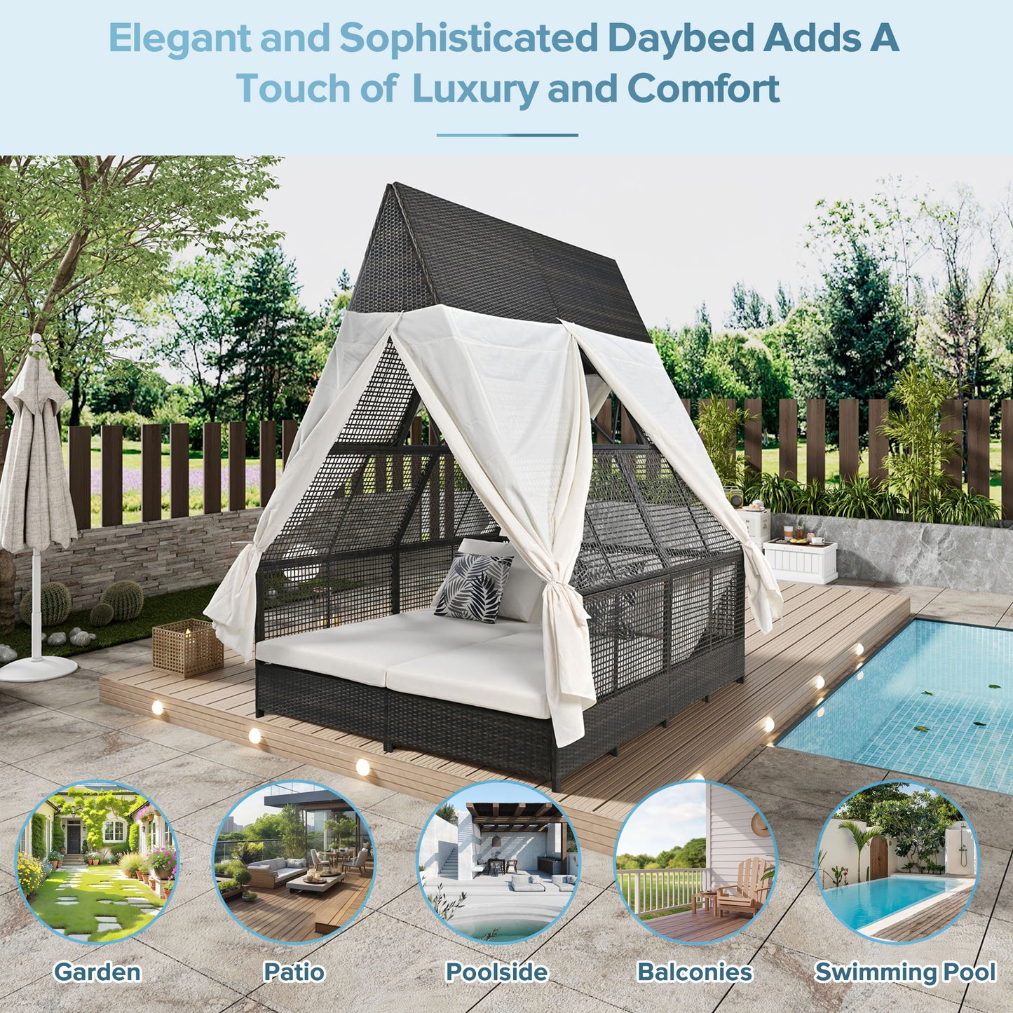 Outdoor Daybed Patio Lounge Bed, Adjustable Backrest