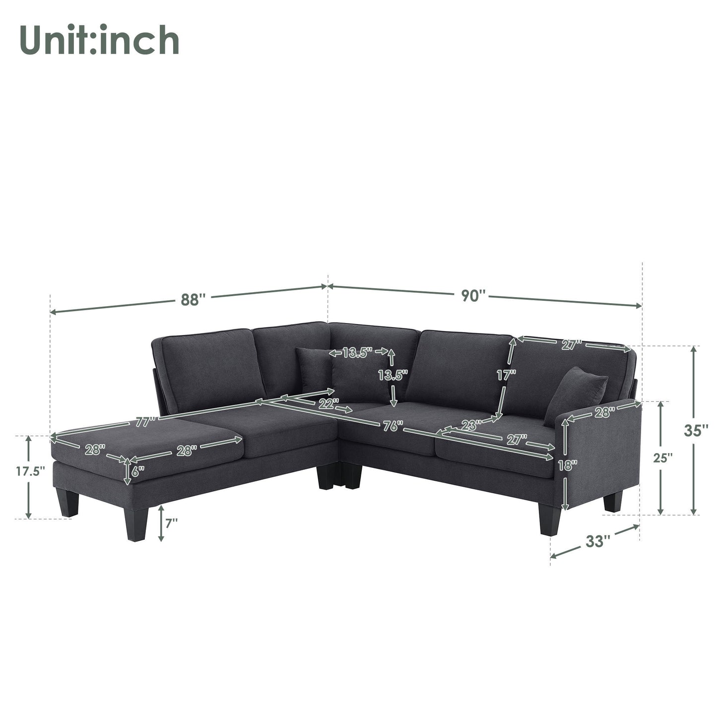 Terrycloth Sectional Sofa, 5-Seat Set, Chaise Lounge, L-Shape, Living Room, Grey
