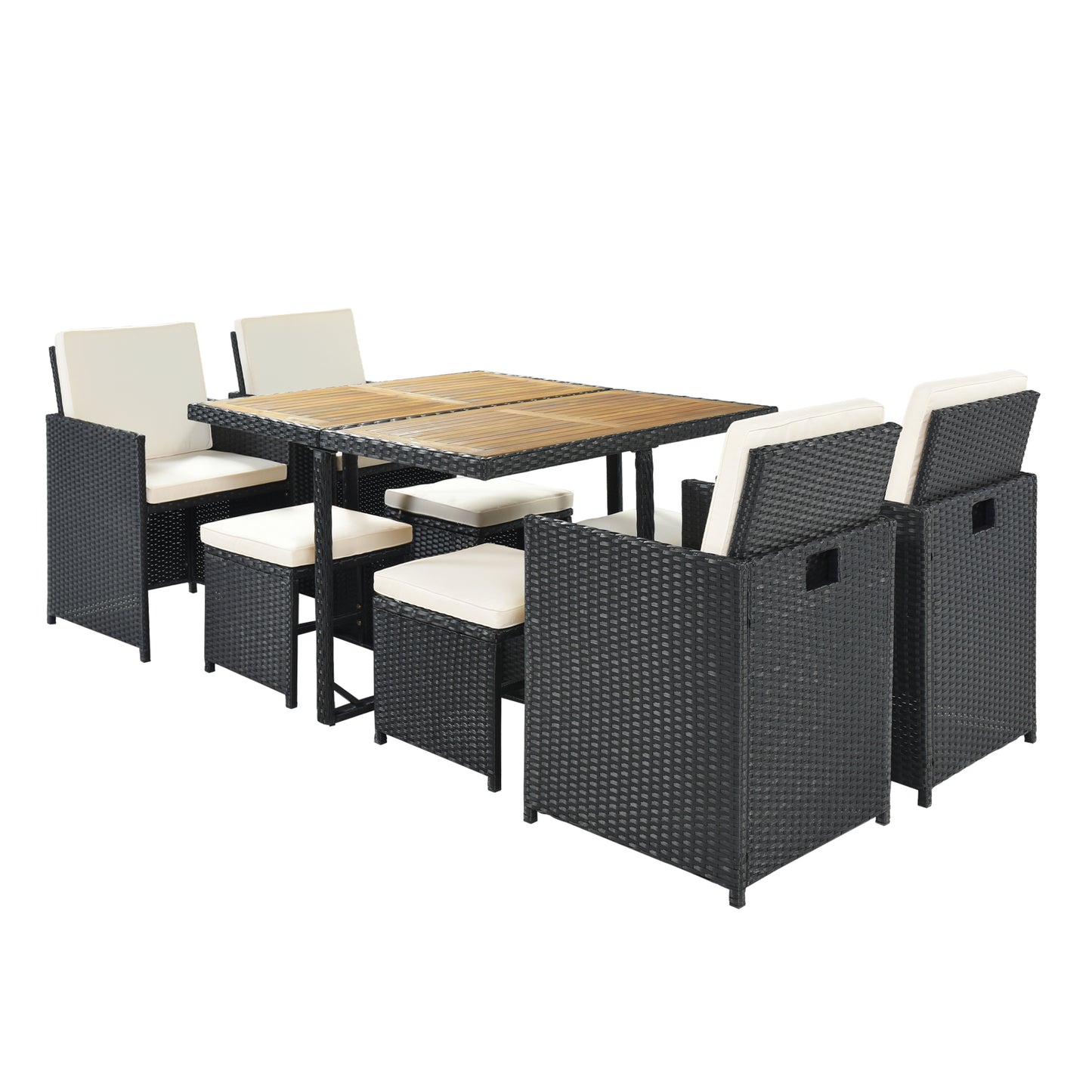 9-Piece Dining Set, Wood Tabletop, Black Rattan, Beige Cushion