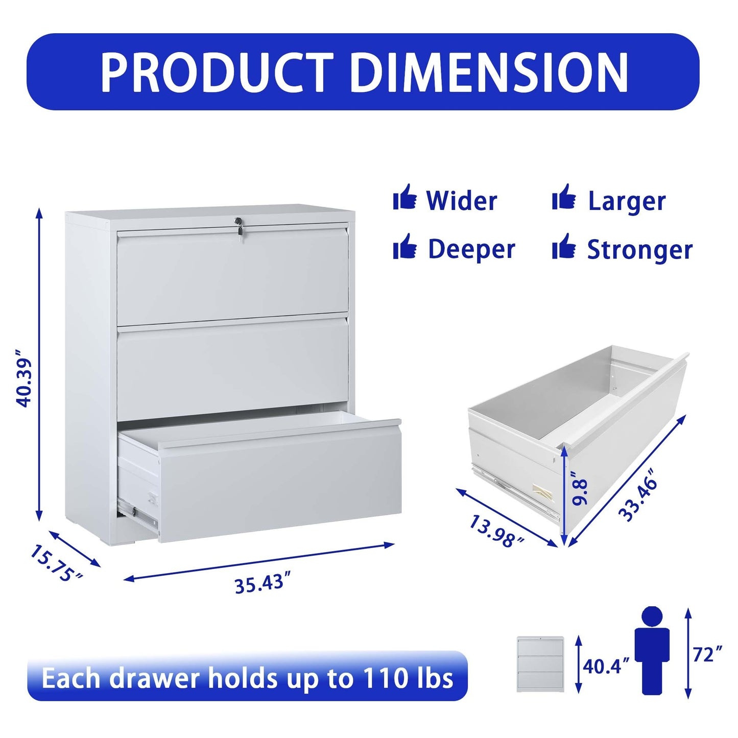 File Cabinet 3 Drawer, White Filing Cabinet Lockable Home Office