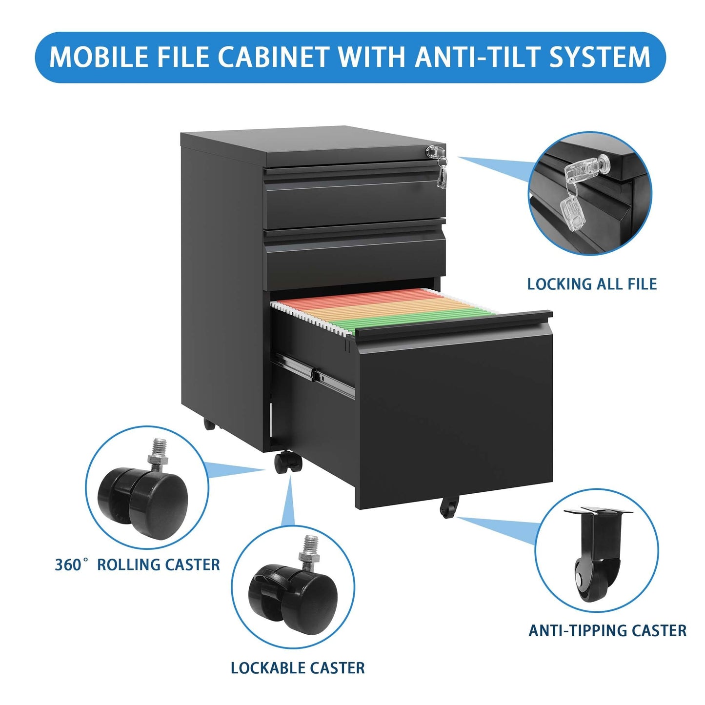 3 Drawer Mobile File Cabinet, Filing Cabinets for Home Office