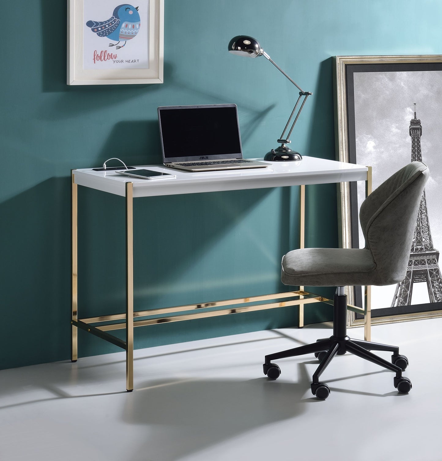 ACME Midriaks Writing Desk w/USB Port in White & Gold Finish