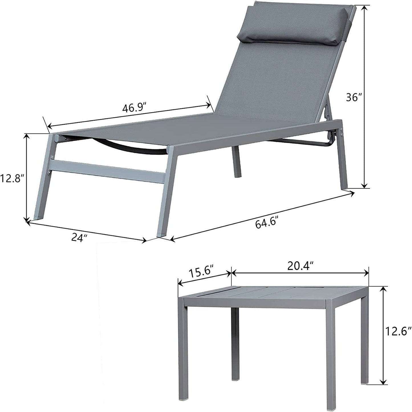 Patio Chaise Lounge Set, 3 Pieces Adjustable Backrest Pool Lounge