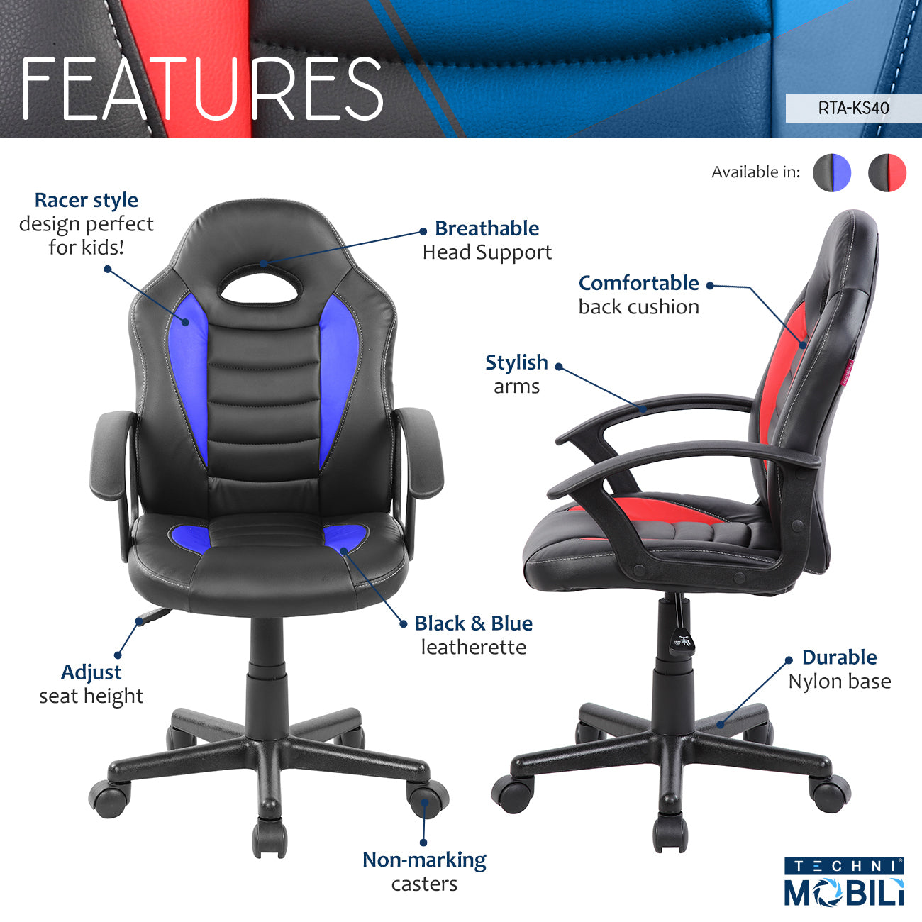 Gaming and Student Racer Chair with Wheels, Blue