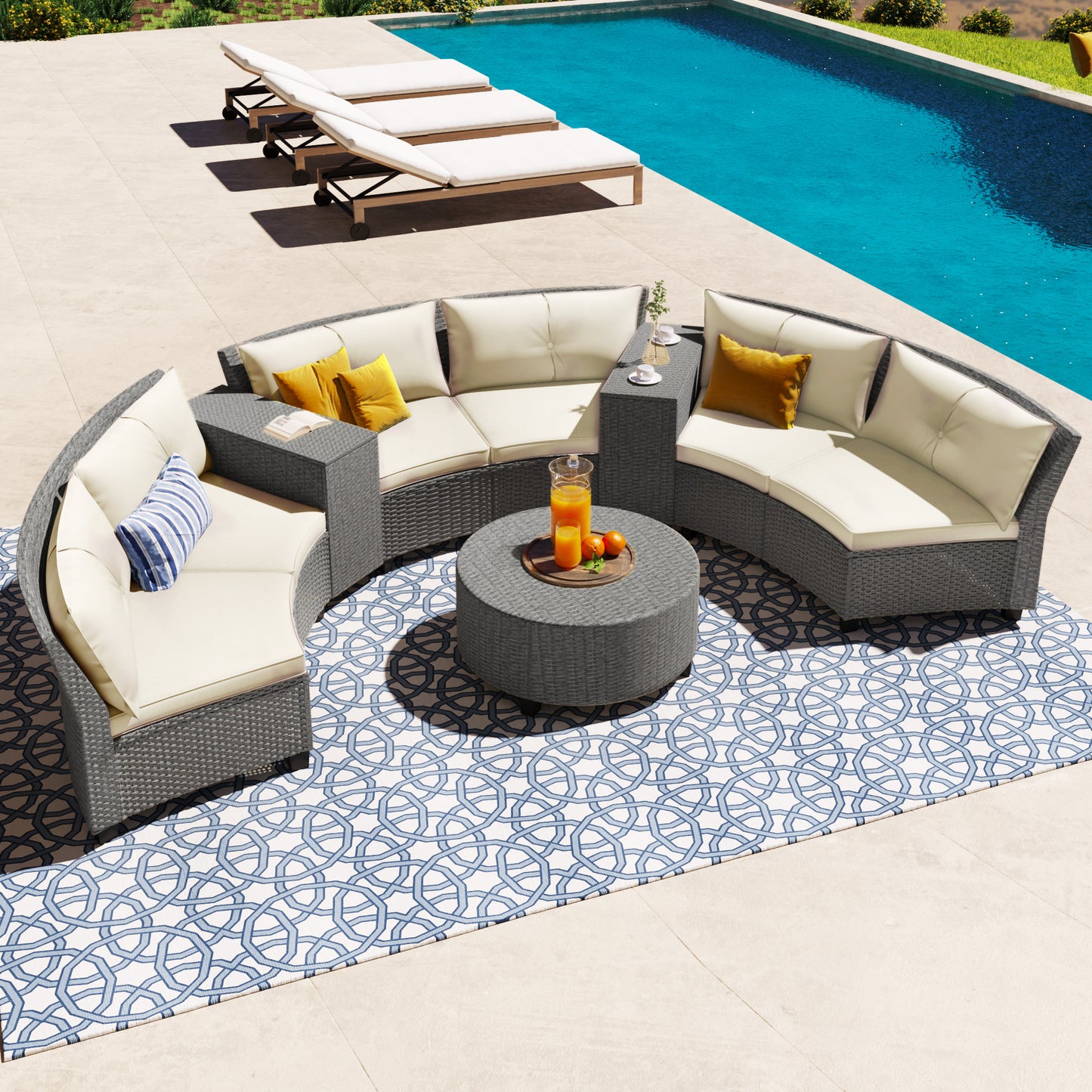 U_Style 6 - Person Fan-shaped Rattan Suit, Table,