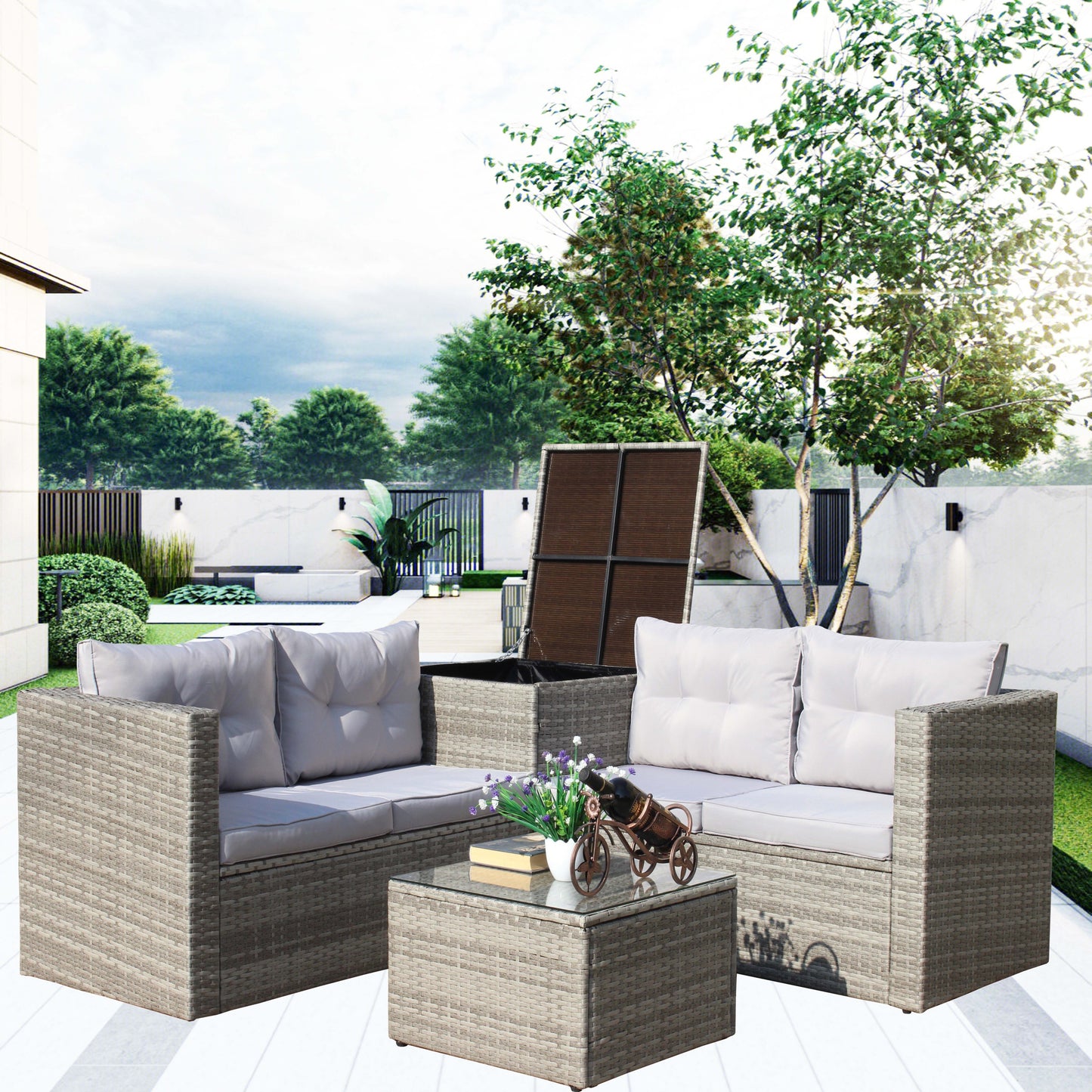 4 Piece Patio Sectional Outdoor Furniture with Storage Box