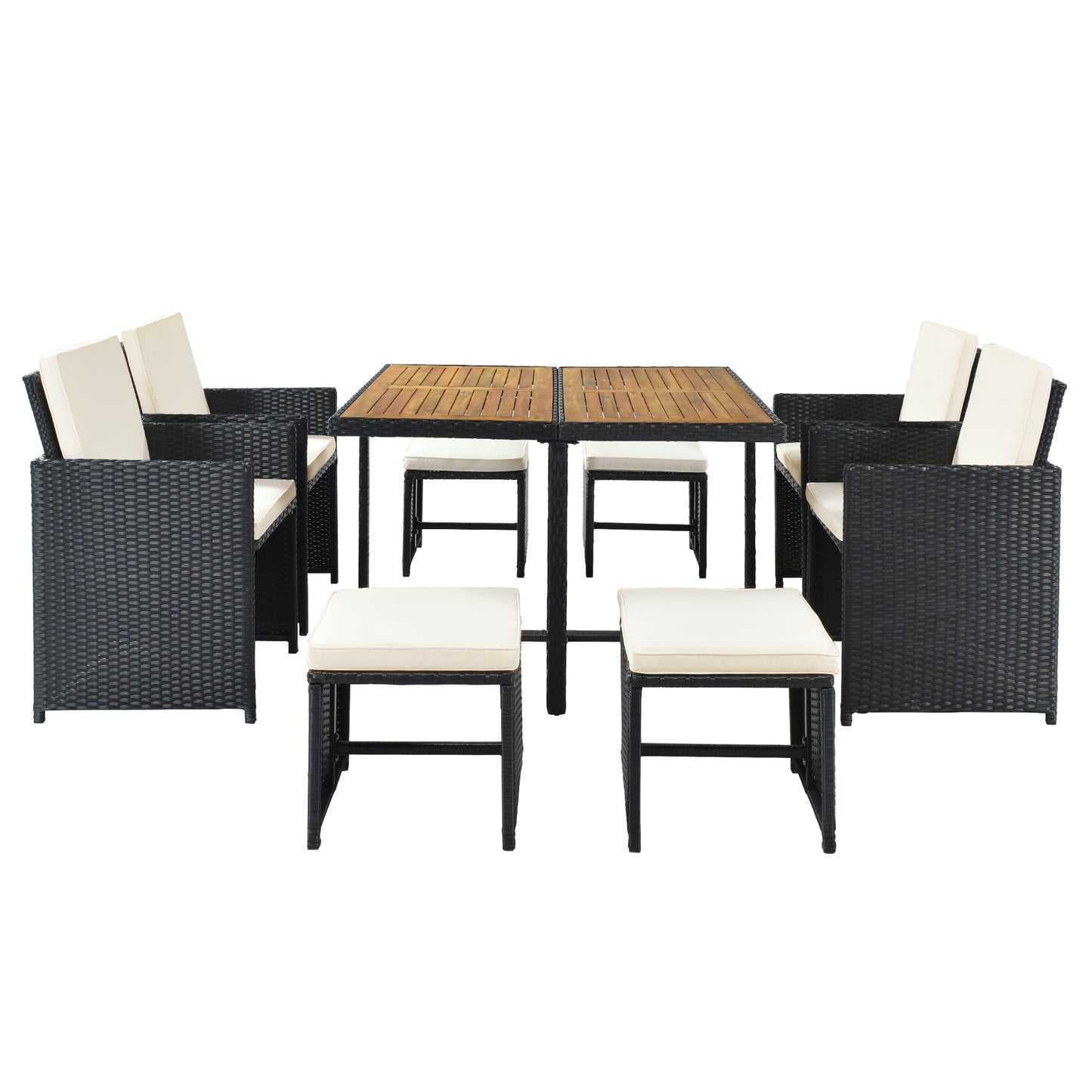 9-Piece Dining Set, Wood Tabletop, Black Rattan, Beige Cushion