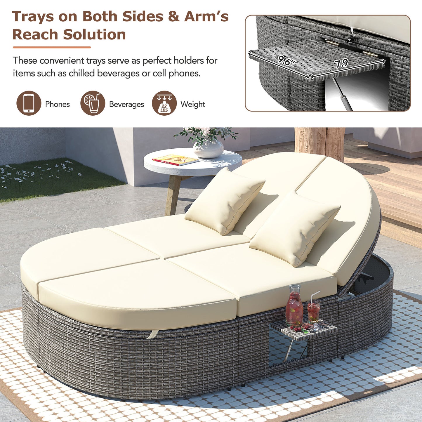 Outdoor Sun Bed Patio 2-Person Daybed, Cushions, Pillows