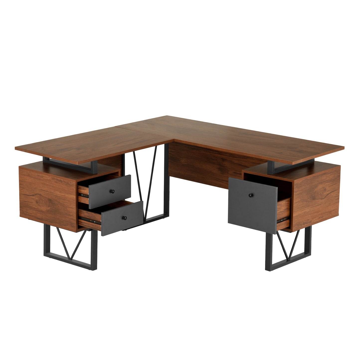 L-Shape Computer Desk, Drawers and File Cabinet, Walnut