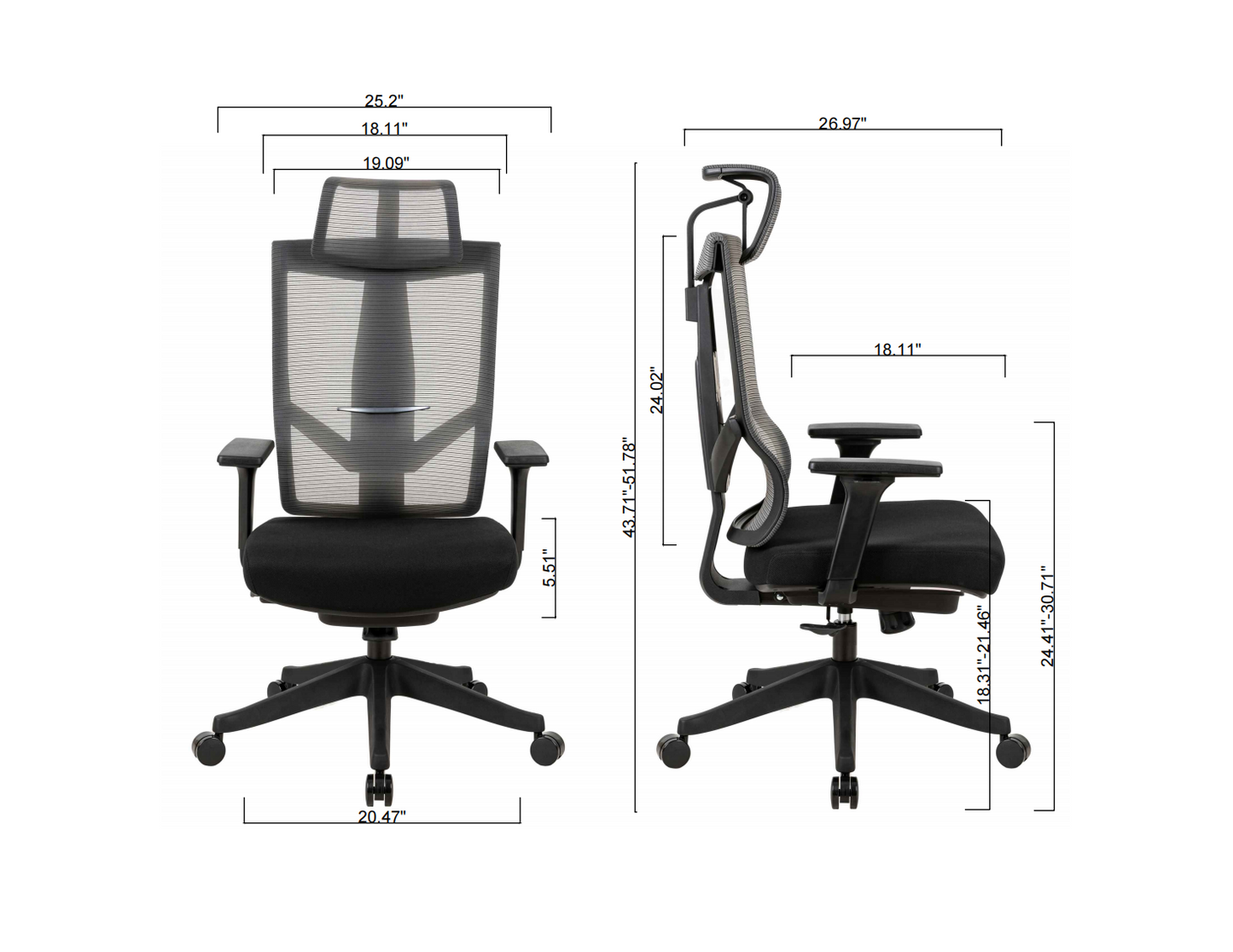 Executive office chair with headrest and 2D armrest