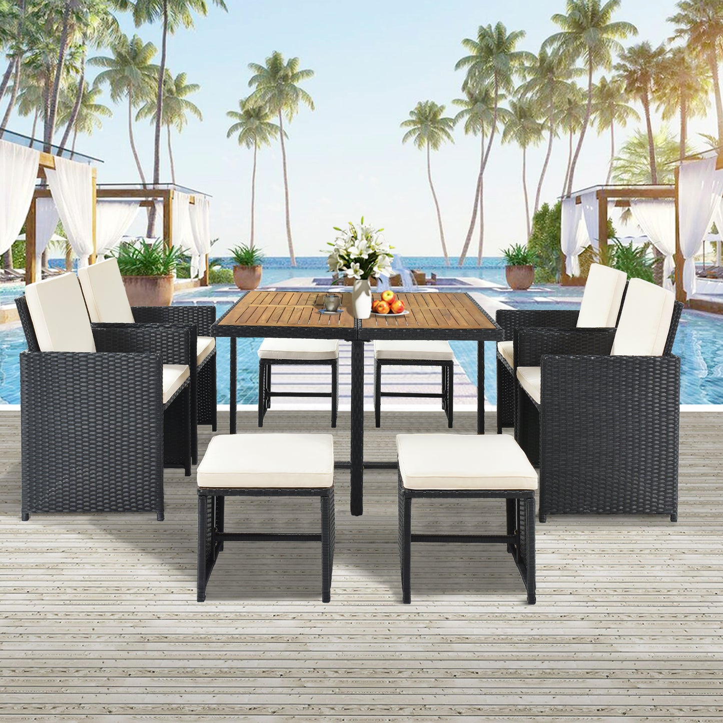 9-Piece Dining Set, Wood Tabletop, Black Rattan, Beige Cushion